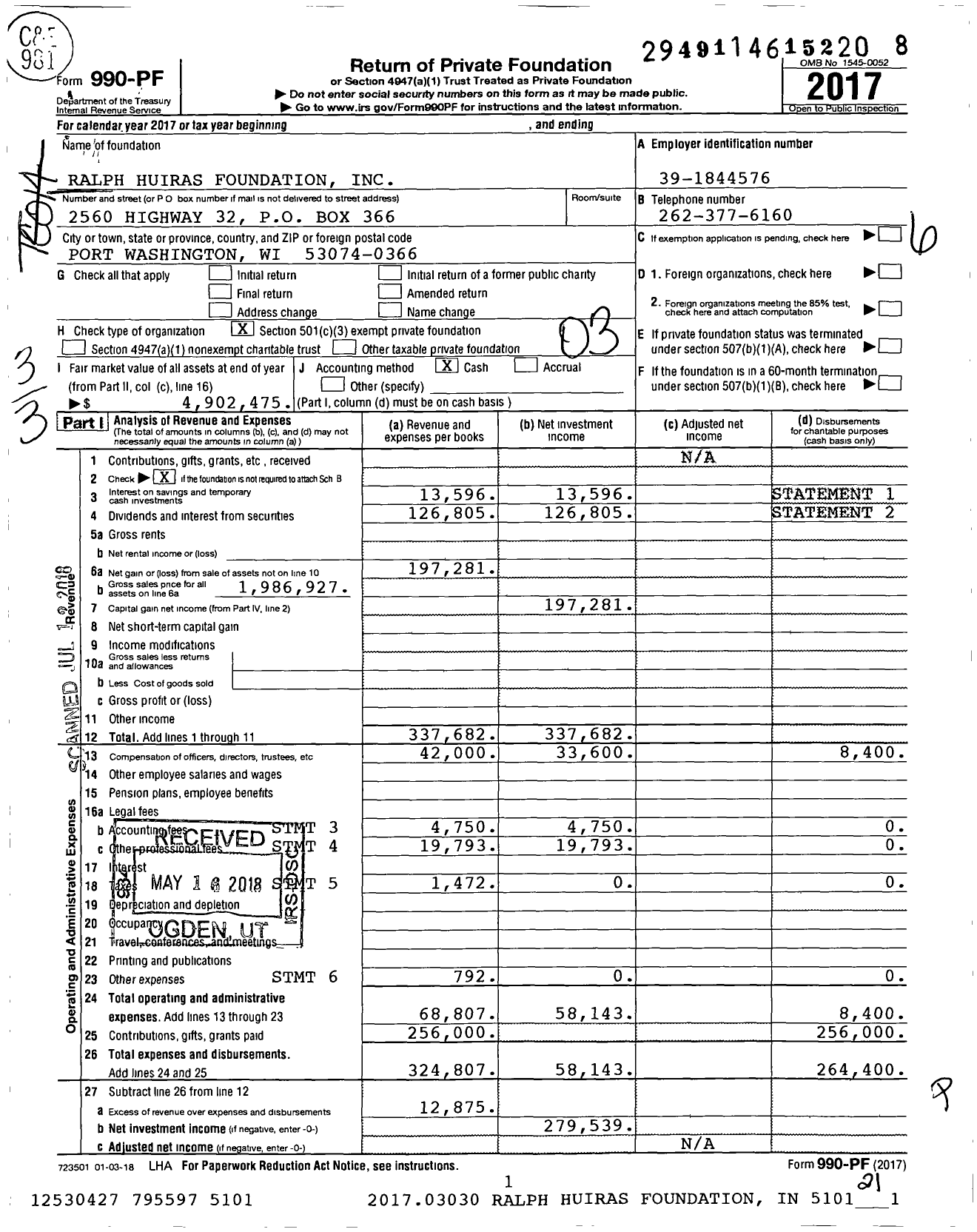 Image of first page of 2017 Form 990PF for Ralph Huiras Foundation