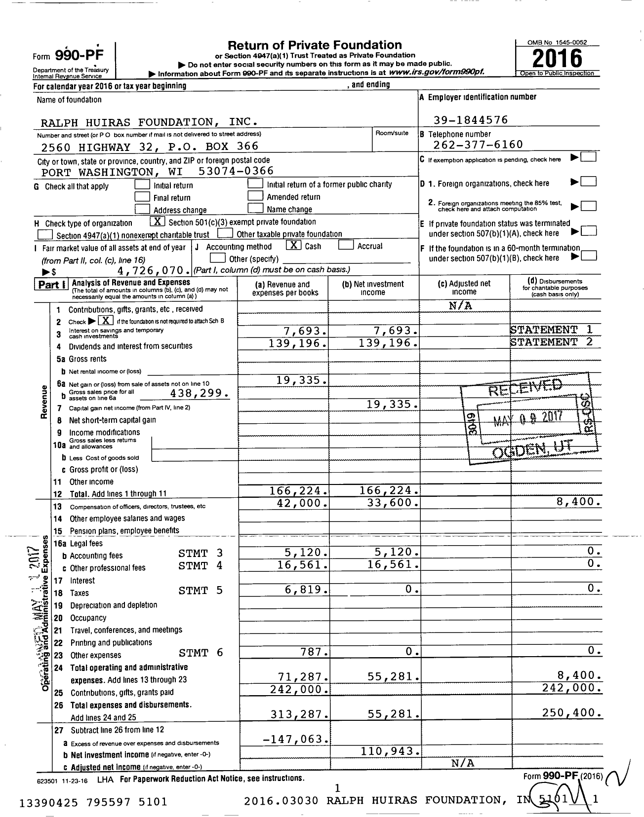 Image of first page of 2016 Form 990PF for Ralph Huiras Foundation