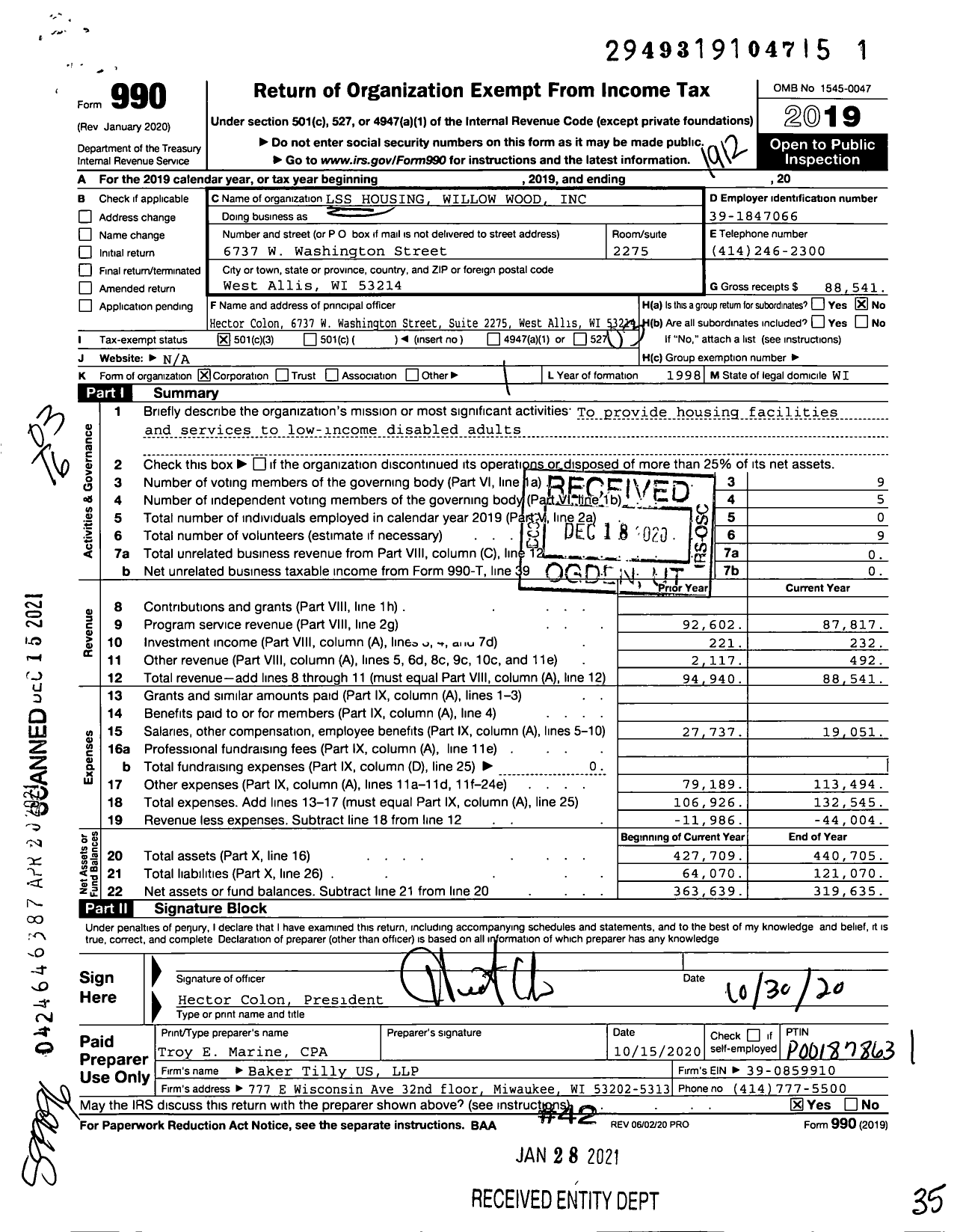 Image of first page of 2019 Form 990 for LSS Housing Willow Wood