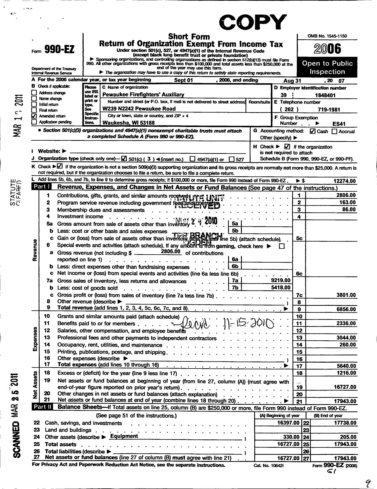 Image of first page of 2006 Form 990EZ for Pewaukee Fire Fighters Auxilary