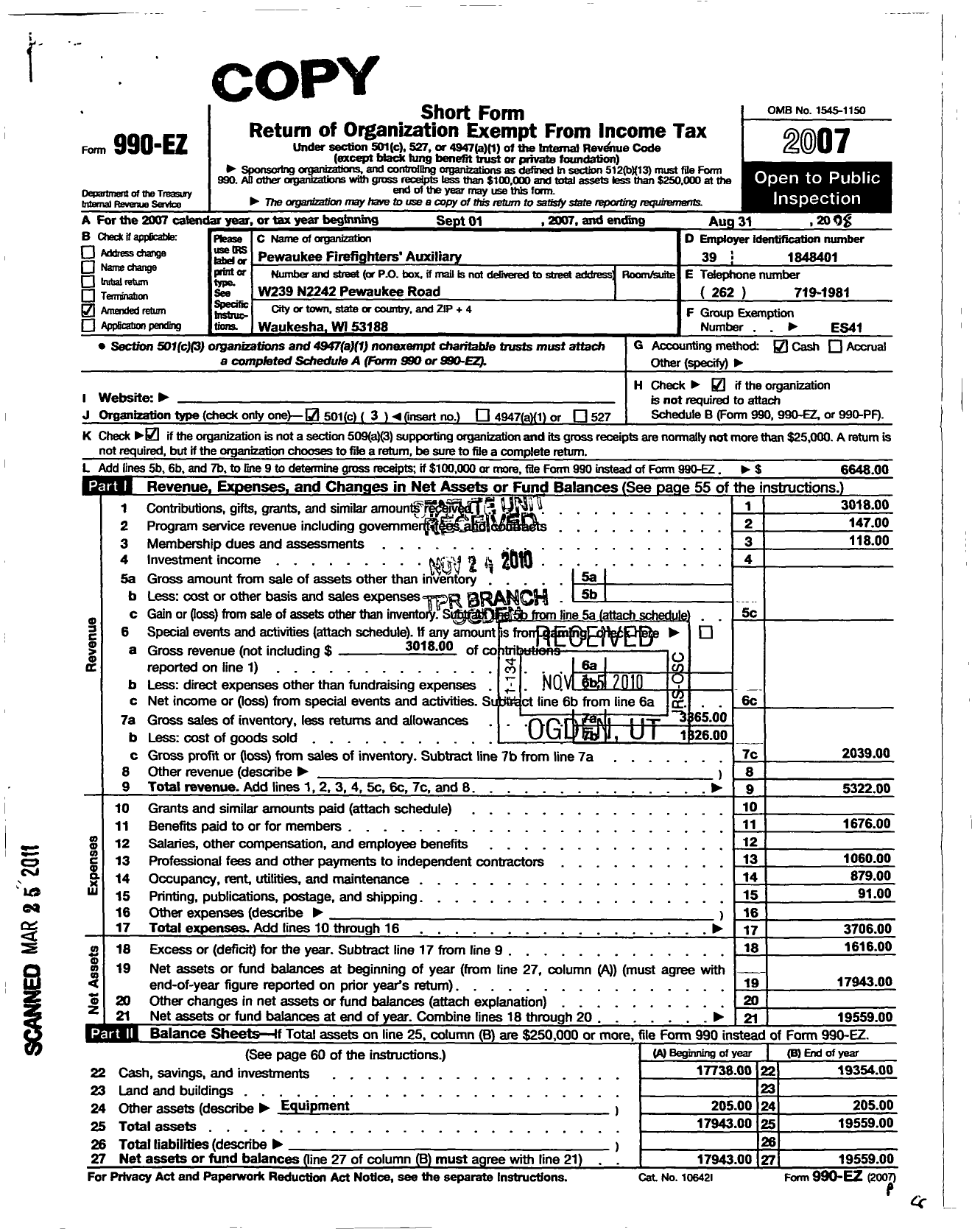 Image of first page of 2007 Form 990EZ for Pewaukee Fire Fighters Auxilary