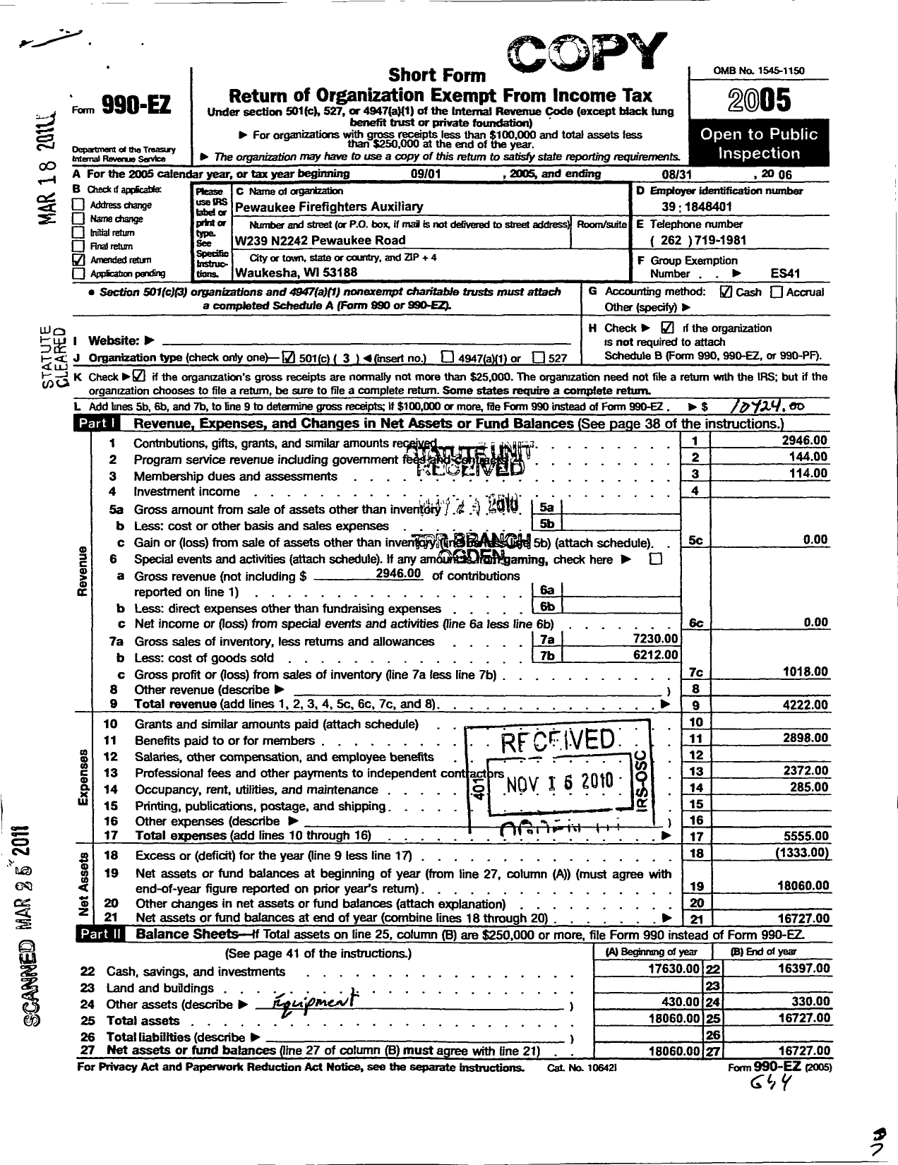 Image of first page of 2005 Form 990EZ for Pewaukee Fire Fighters Auxilary