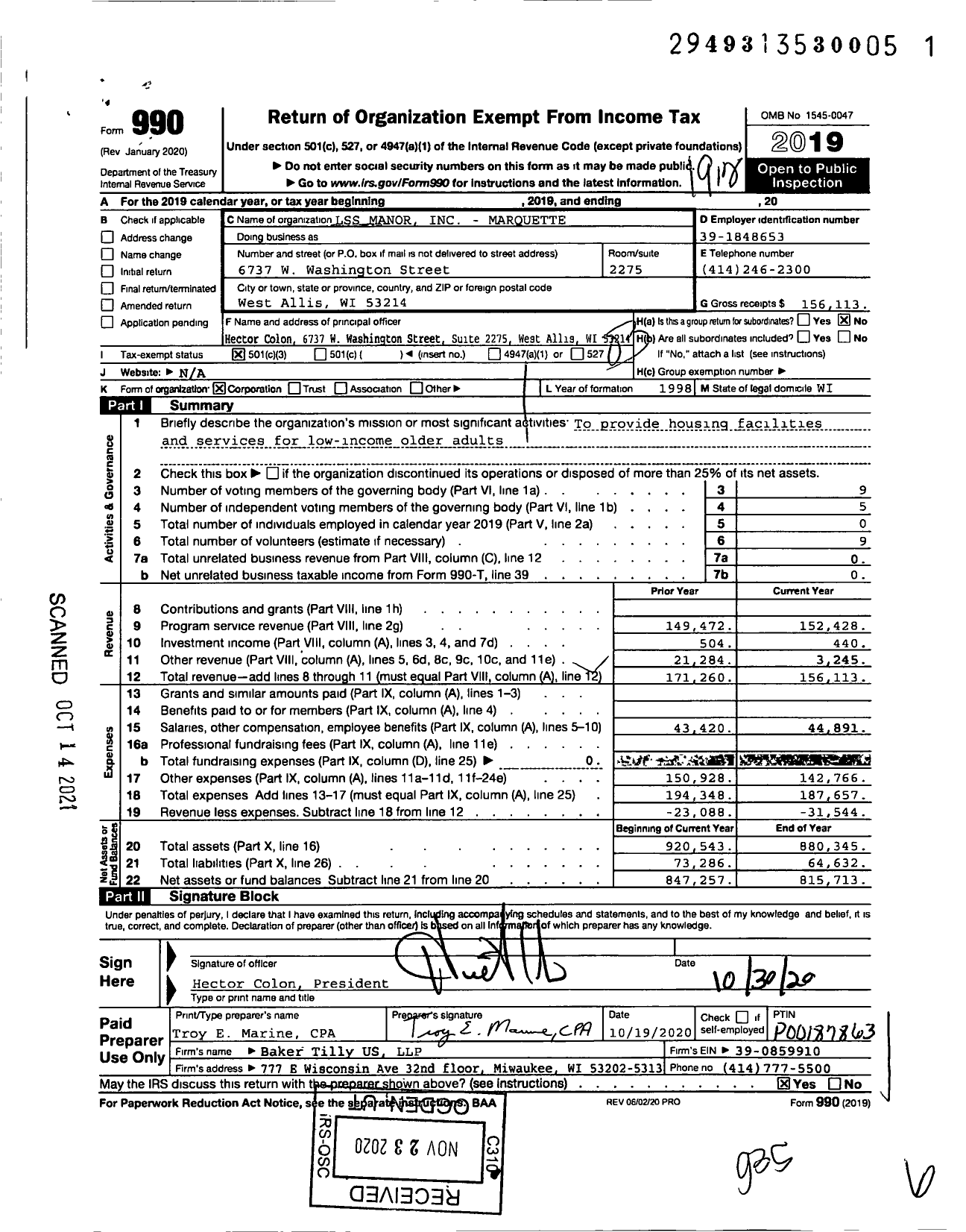 Image of first page of 2019 Form 990 for LSS Manor - Marquette