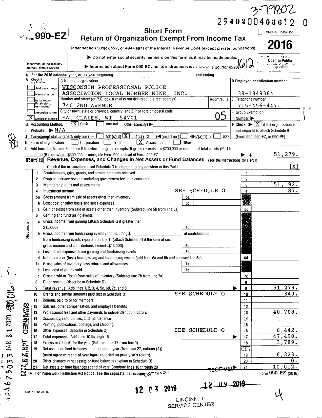 Image of first page of 2016 Form 990EO for Wisconsin Professional Police Association Local Number Nine