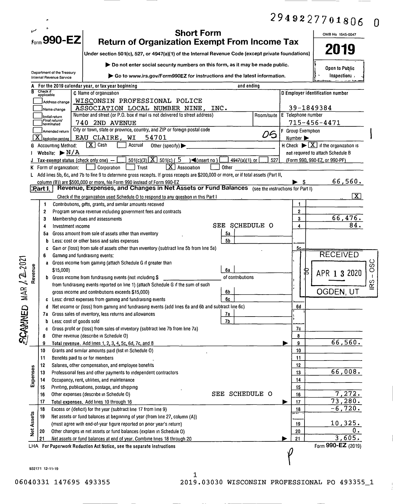 Image of first page of 2019 Form 990EO for Wisconsin Professional Police Association Local Number Nine