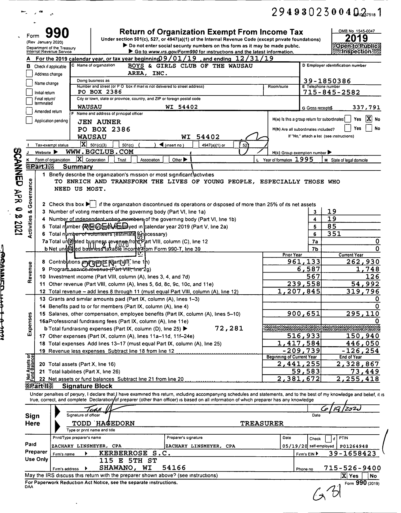 Image of first page of 2019 Form 990 for Boys and Girls Club of the Wausau Area