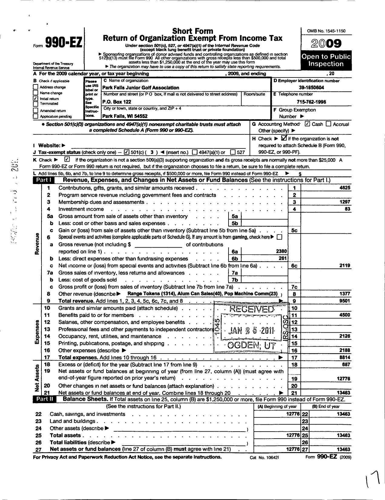 Image of first page of 2009 Form 990EZ for PARK FALLS JUNIoR GOLF ASSOCIATION