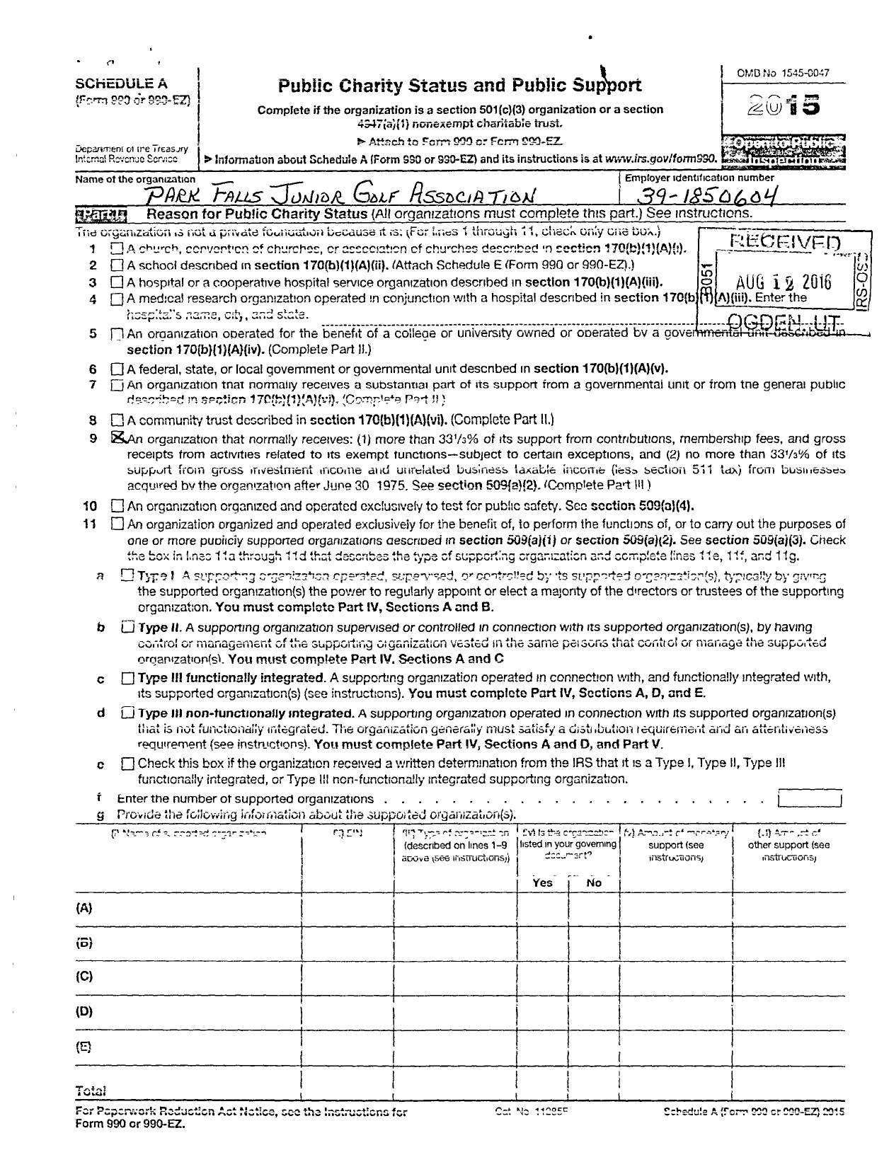Image of first page of 2015 Form 990ER for PARK FALLS JUNIoR GOLF ASSOCIATION