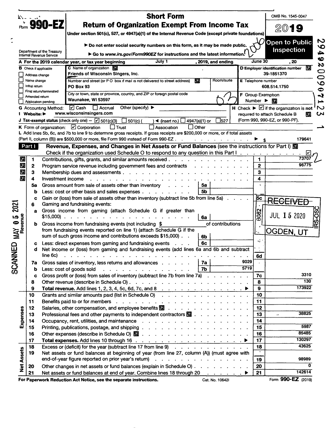 Image of first page of 2019 Form 990EZ for Friends of Wisconsin Singers