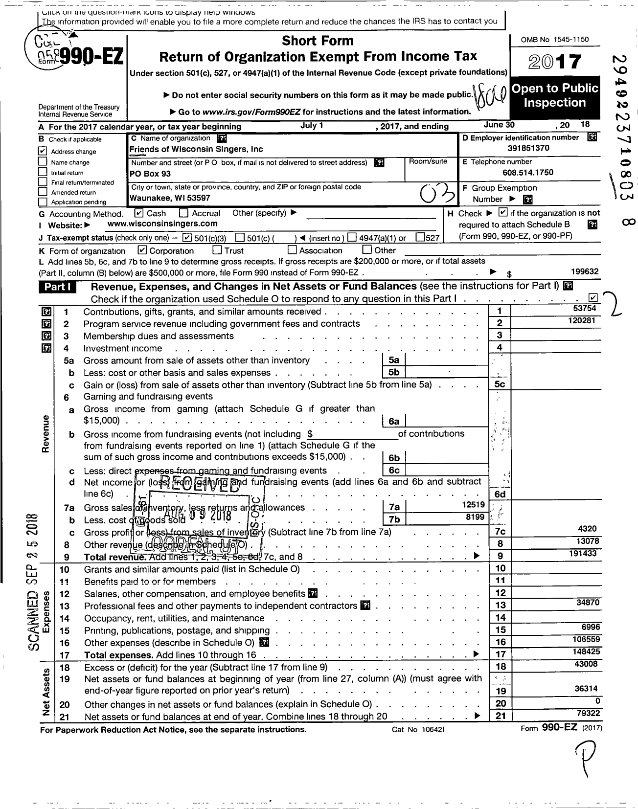 Image of first page of 2017 Form 990EZ for Friends of Wisconsin Singers