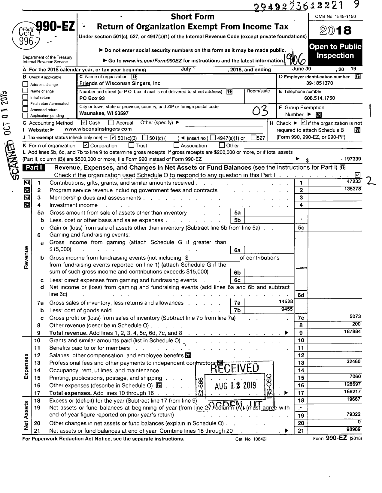 Image of first page of 2018 Form 990EZ for Friends of Wisconsin Singers