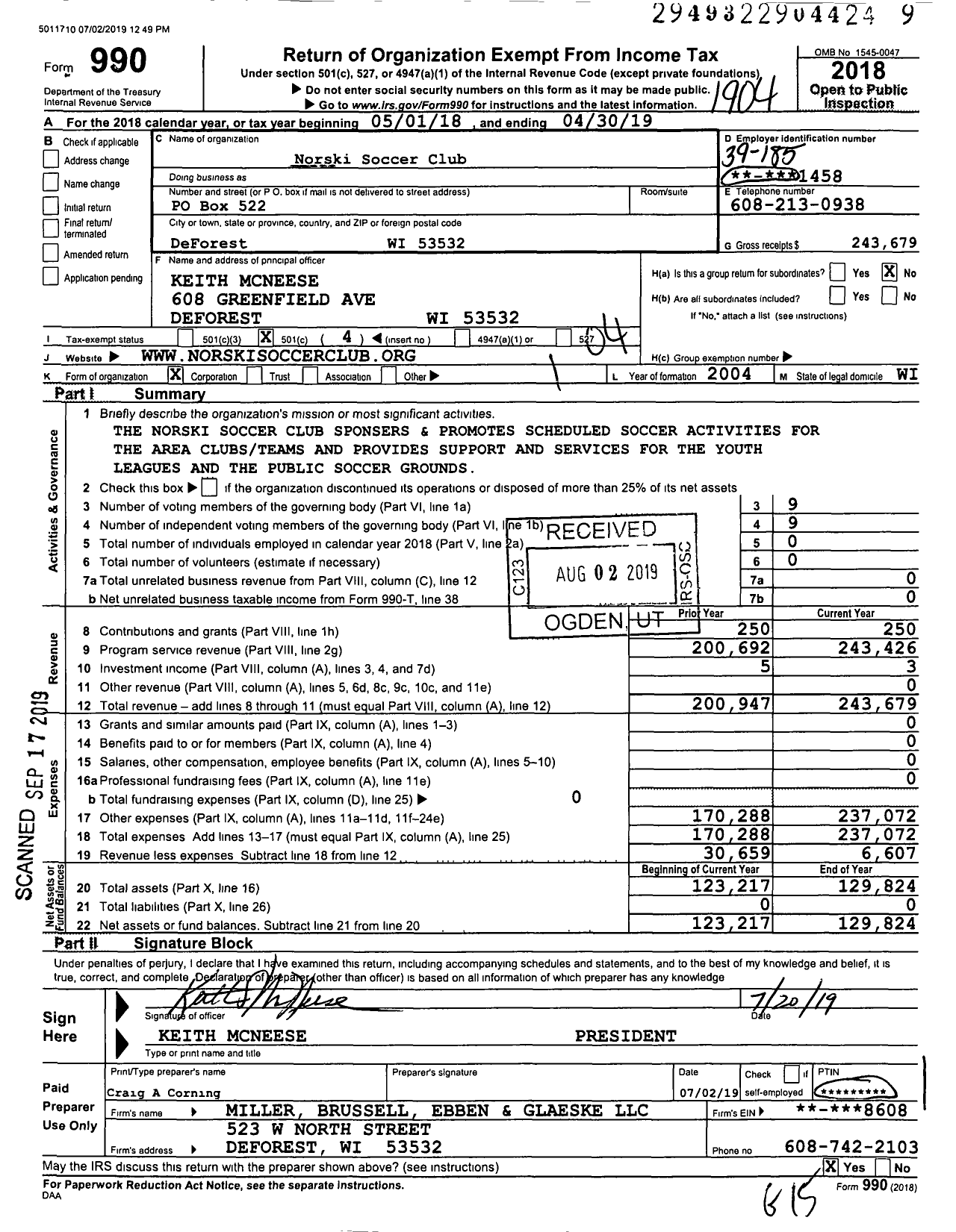 Image of first page of 2018 Form 990O for Norski Soccer Club