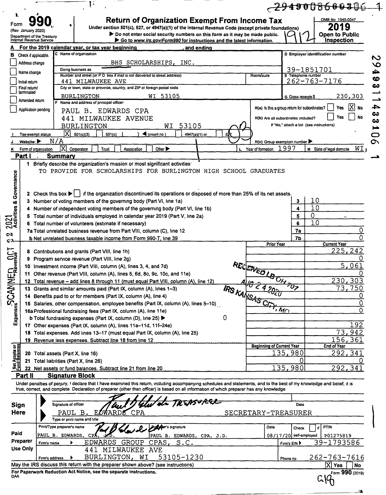 Image of first page of 2019 Form 990 for BHS Scholarships