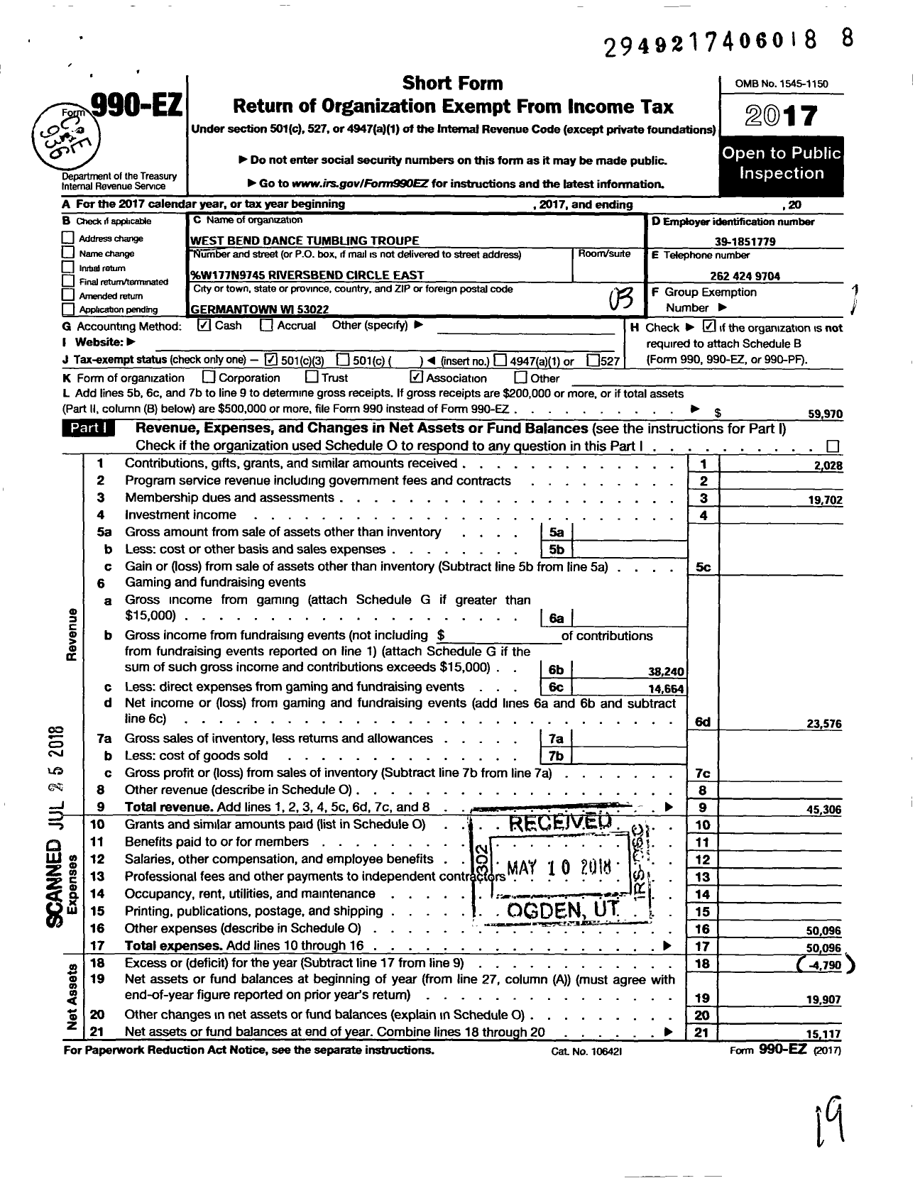 Image of first page of 2017 Form 990EZ for West Bend Spotlight Troupe Boosters