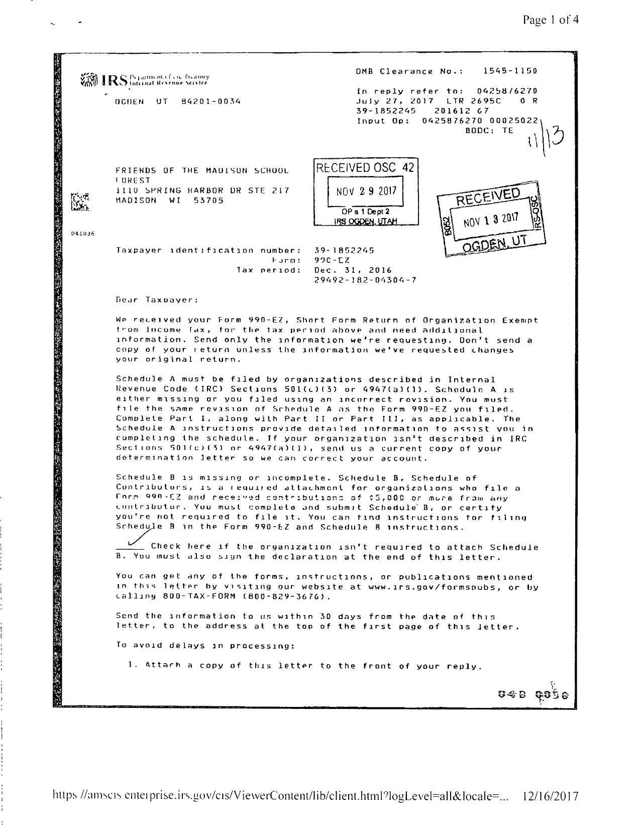 Image of first page of 2015 Form 990ER for Friends of the Madison School Forest