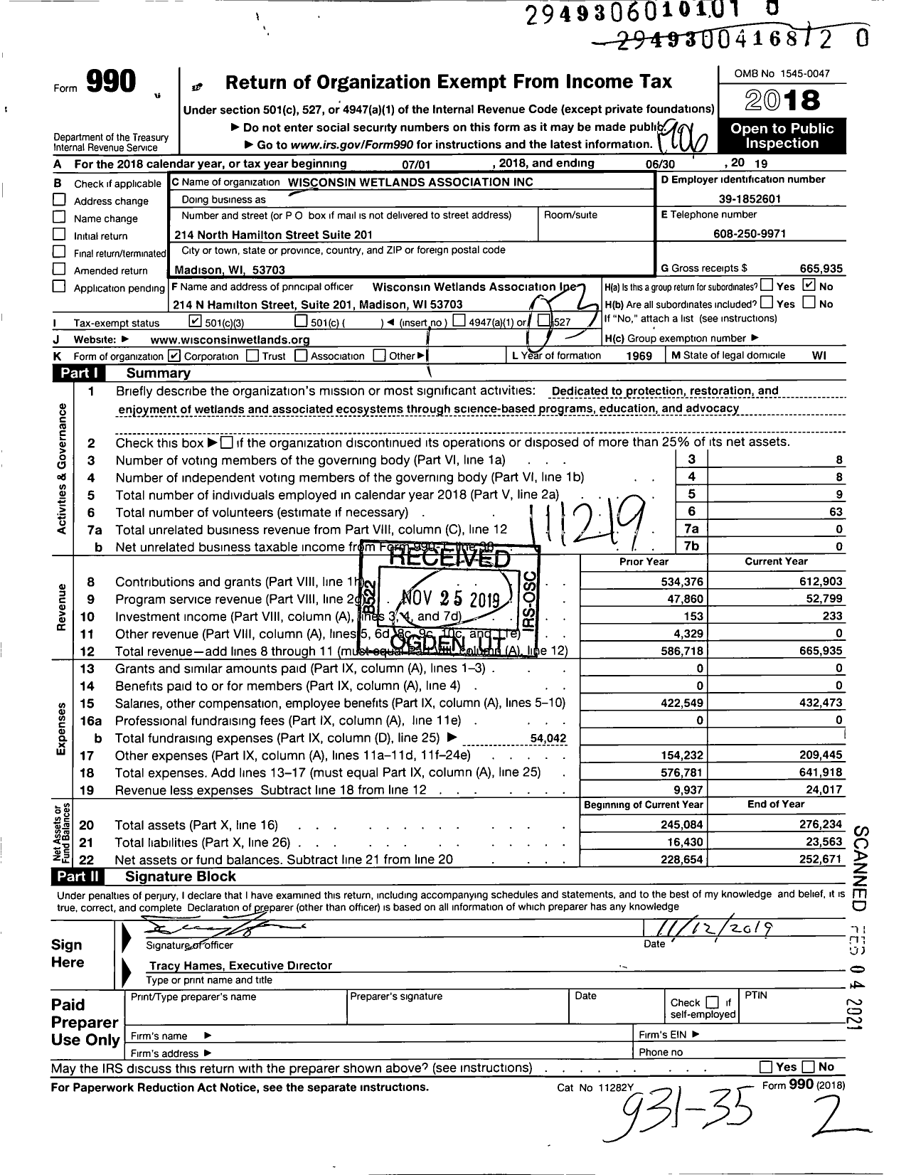 Image of first page of 2018 Form 990 for Wisconsin Wetlands Association