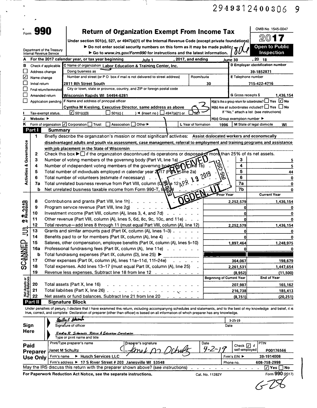 Image of first page of 2017 Form 990 for Labor Education and Training Center
