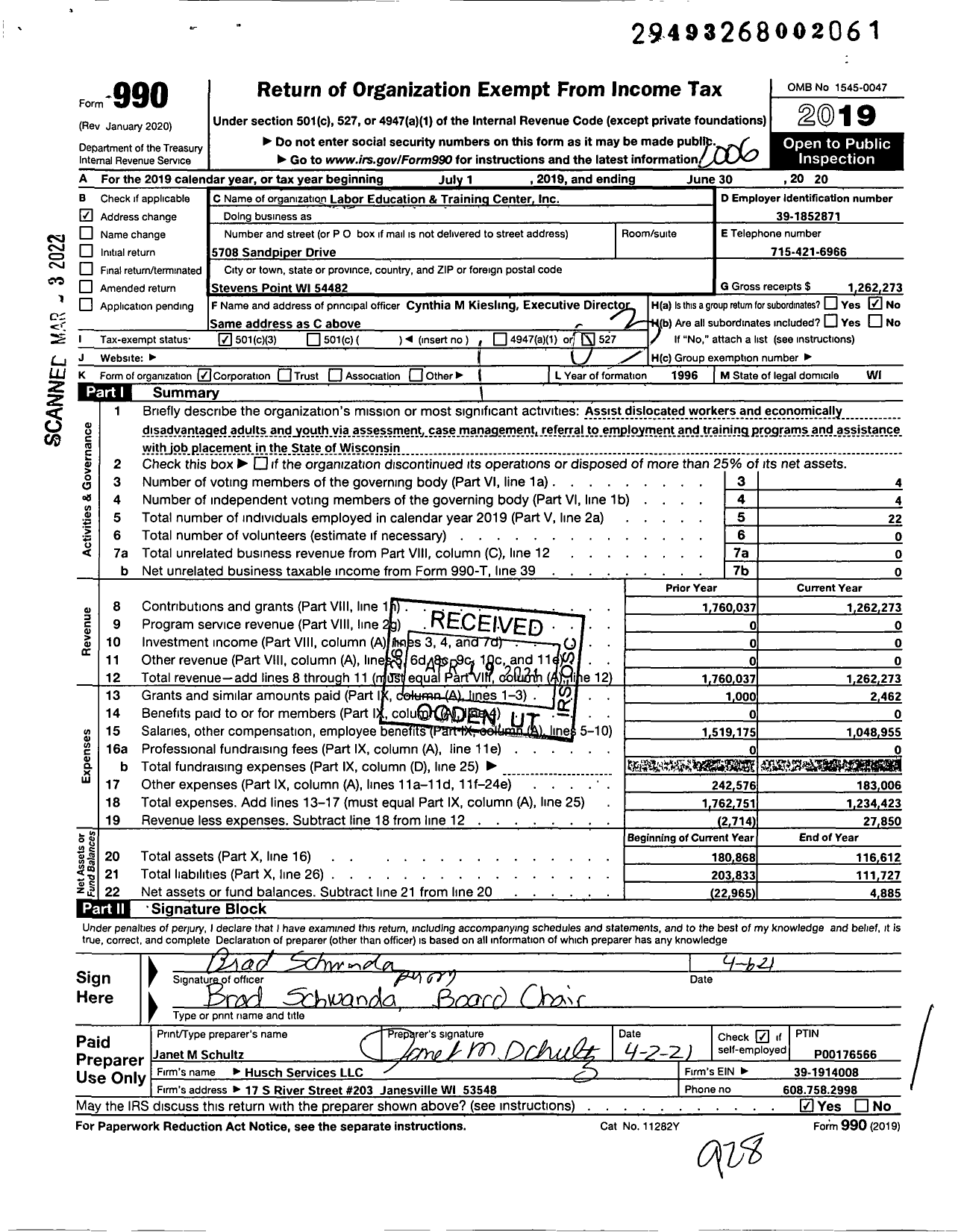 Image of first page of 2019 Form 990 for Labor Education and Training Center