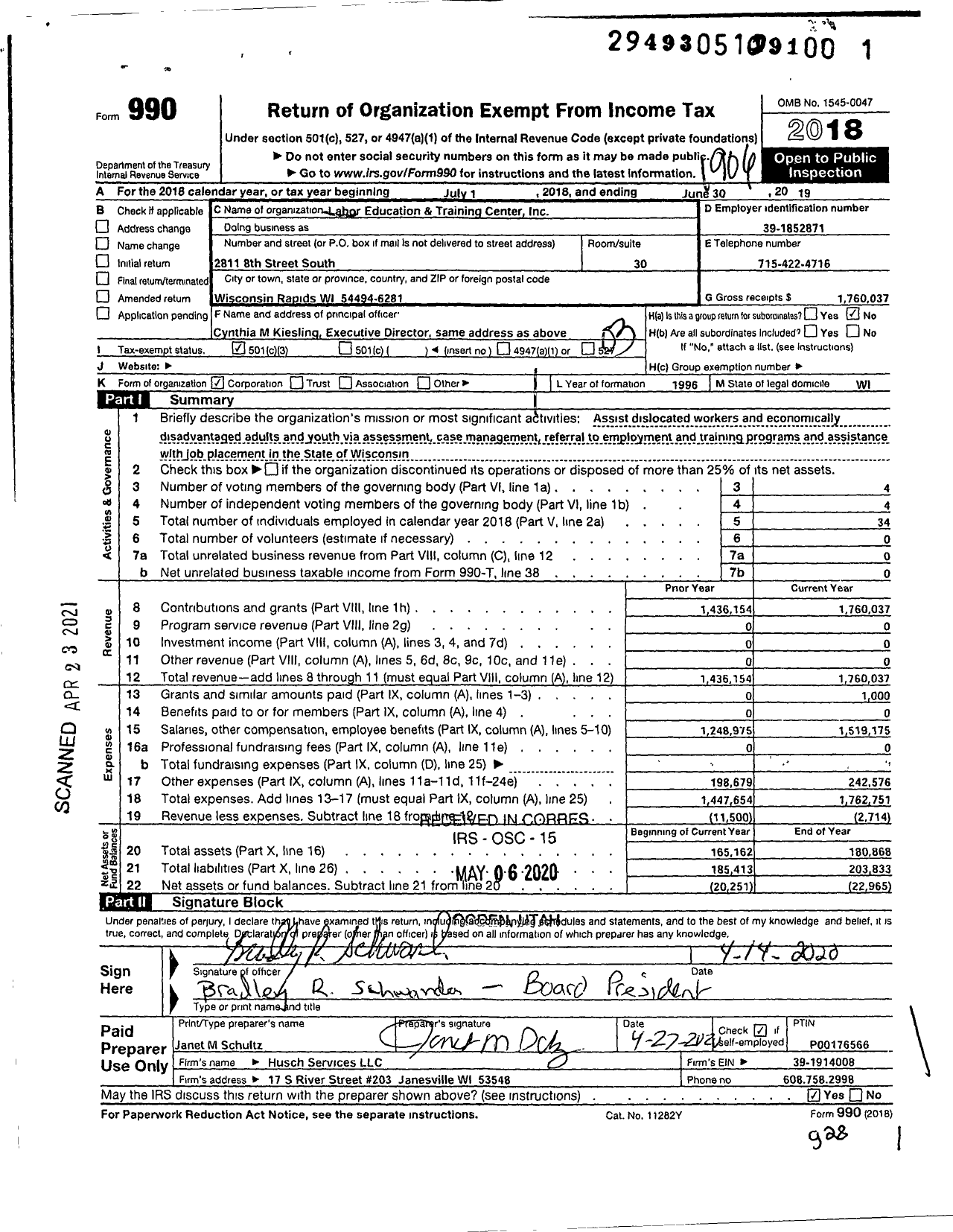 Image of first page of 2018 Form 990 for Labor Education and Training Center