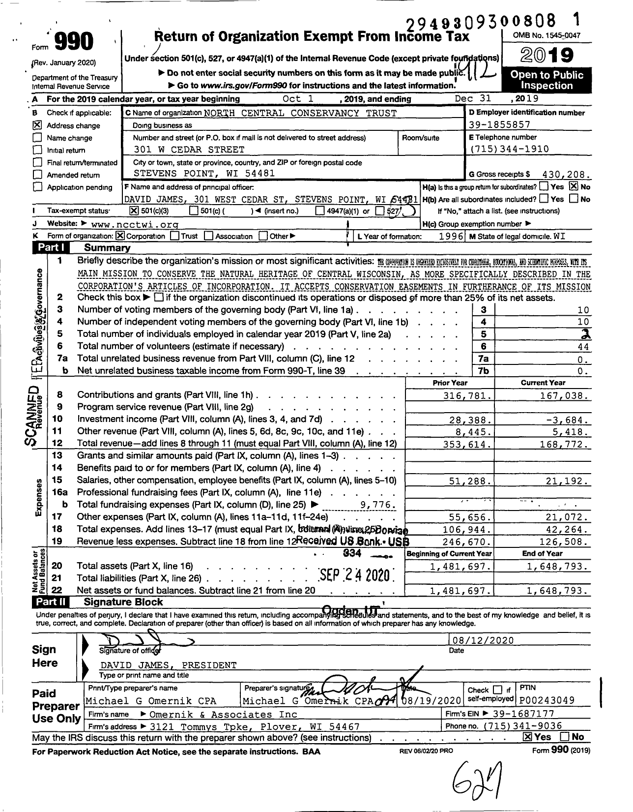 Image of first page of 2019 Form 990 for North Central Conservancy Trust