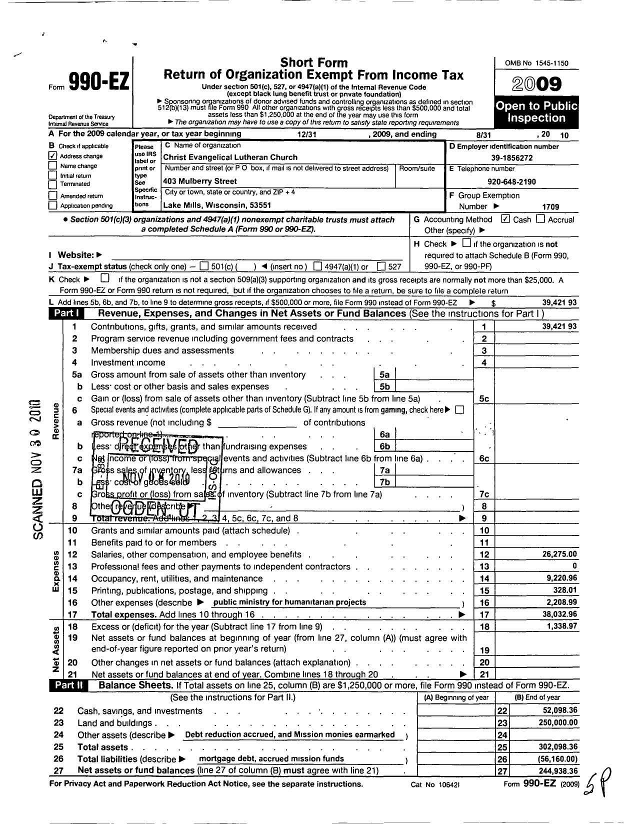 Image of first page of 2009 Form 990EO for Christ Evangelical Lutheran Church