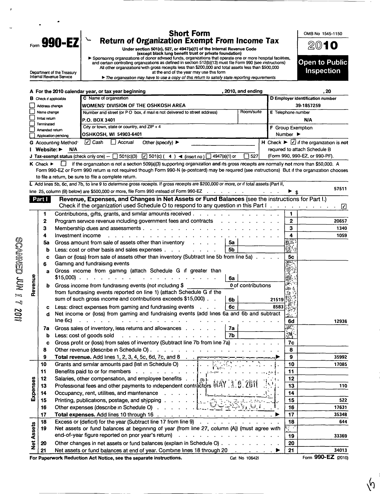 Image of first page of 2010 Form 990EO for Oshkosh Area Womens Association