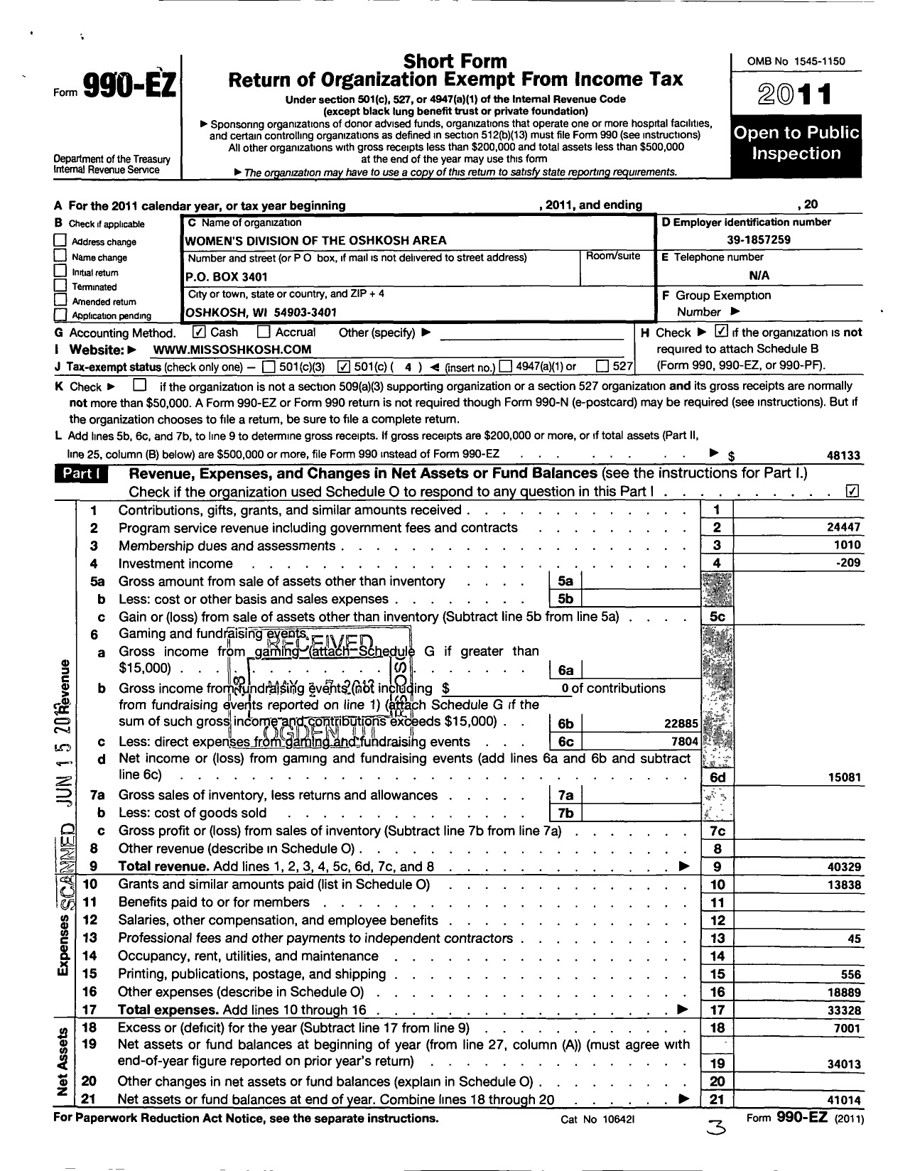 Image of first page of 2011 Form 990EO for Oshkosh Area Womens Association