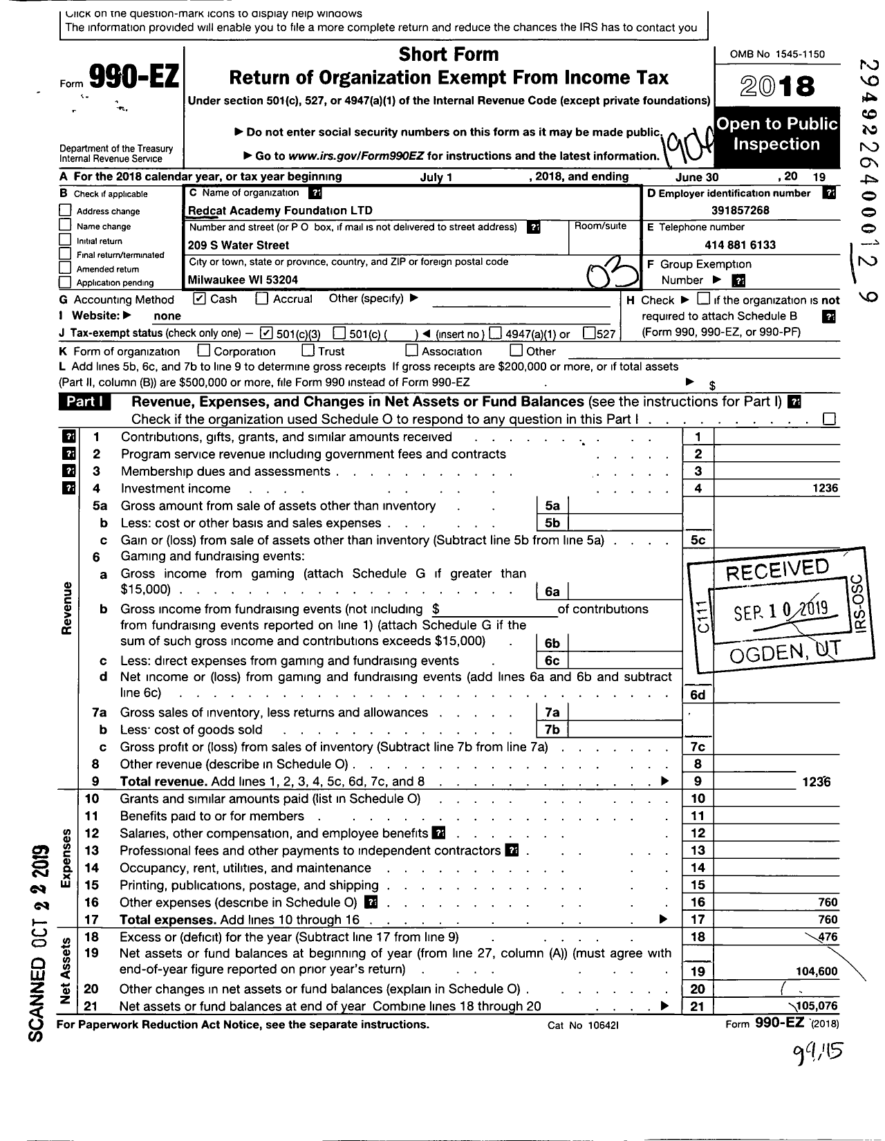 Image of first page of 2018 Form 990EZ for Redcat Academy Foundation