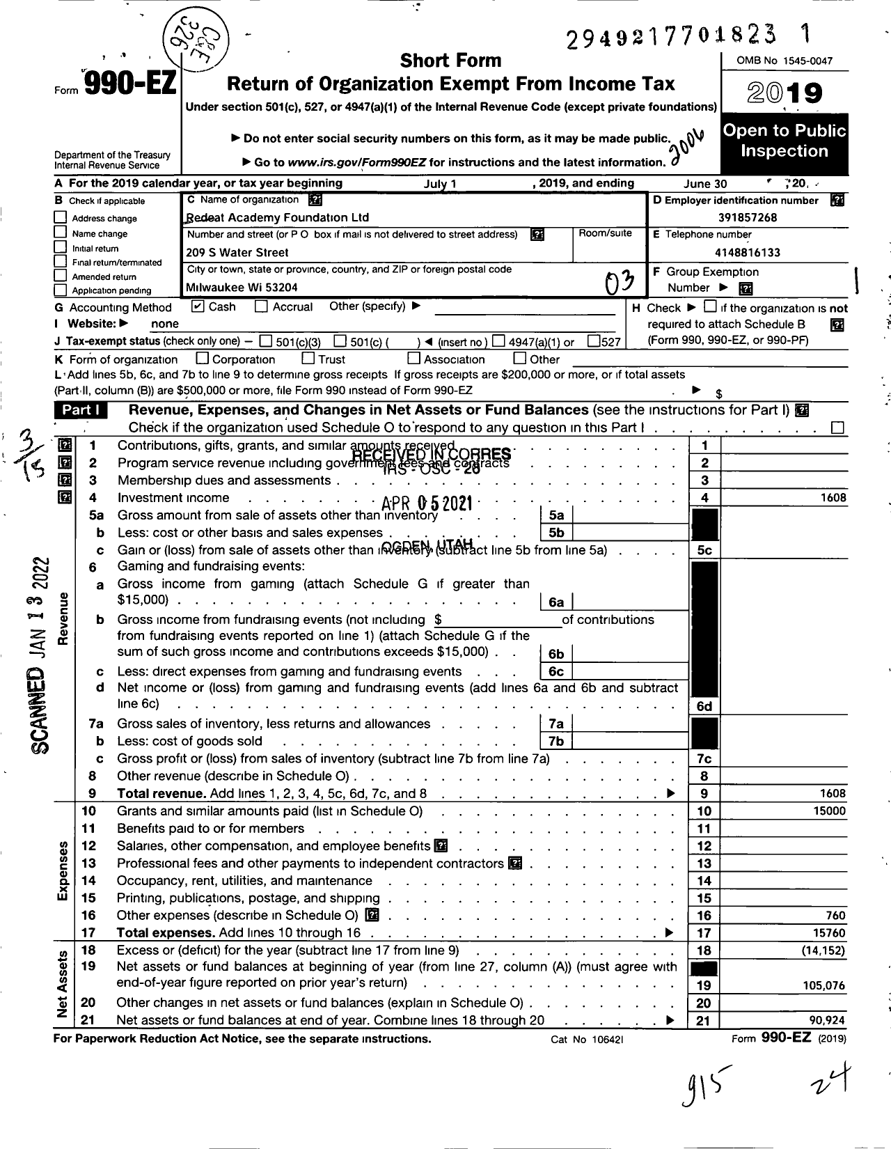 Image of first page of 2019 Form 990EZ for Redcat Academy Foundation