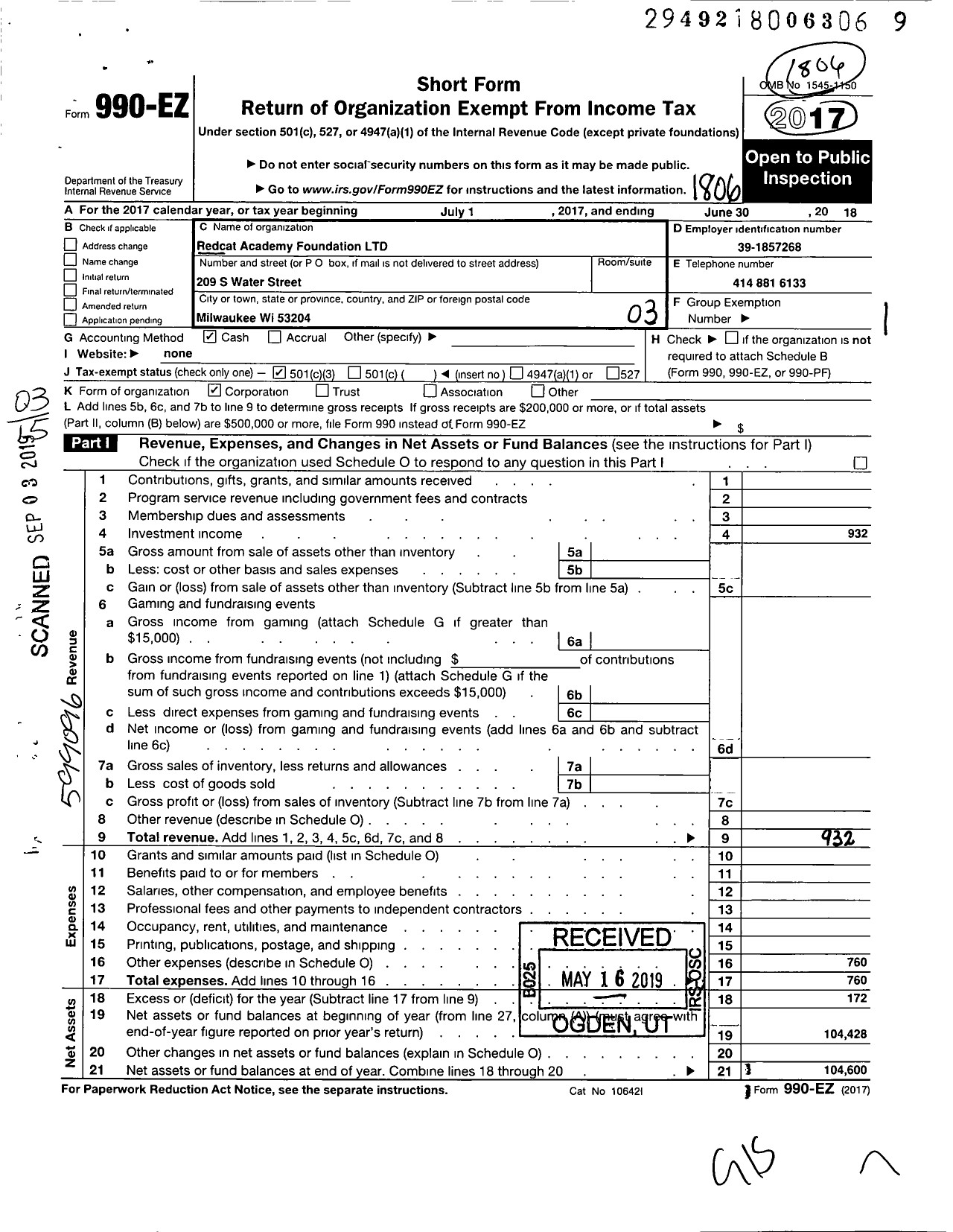 Image of first page of 2017 Form 990EZ for Redcat Academy Foundation