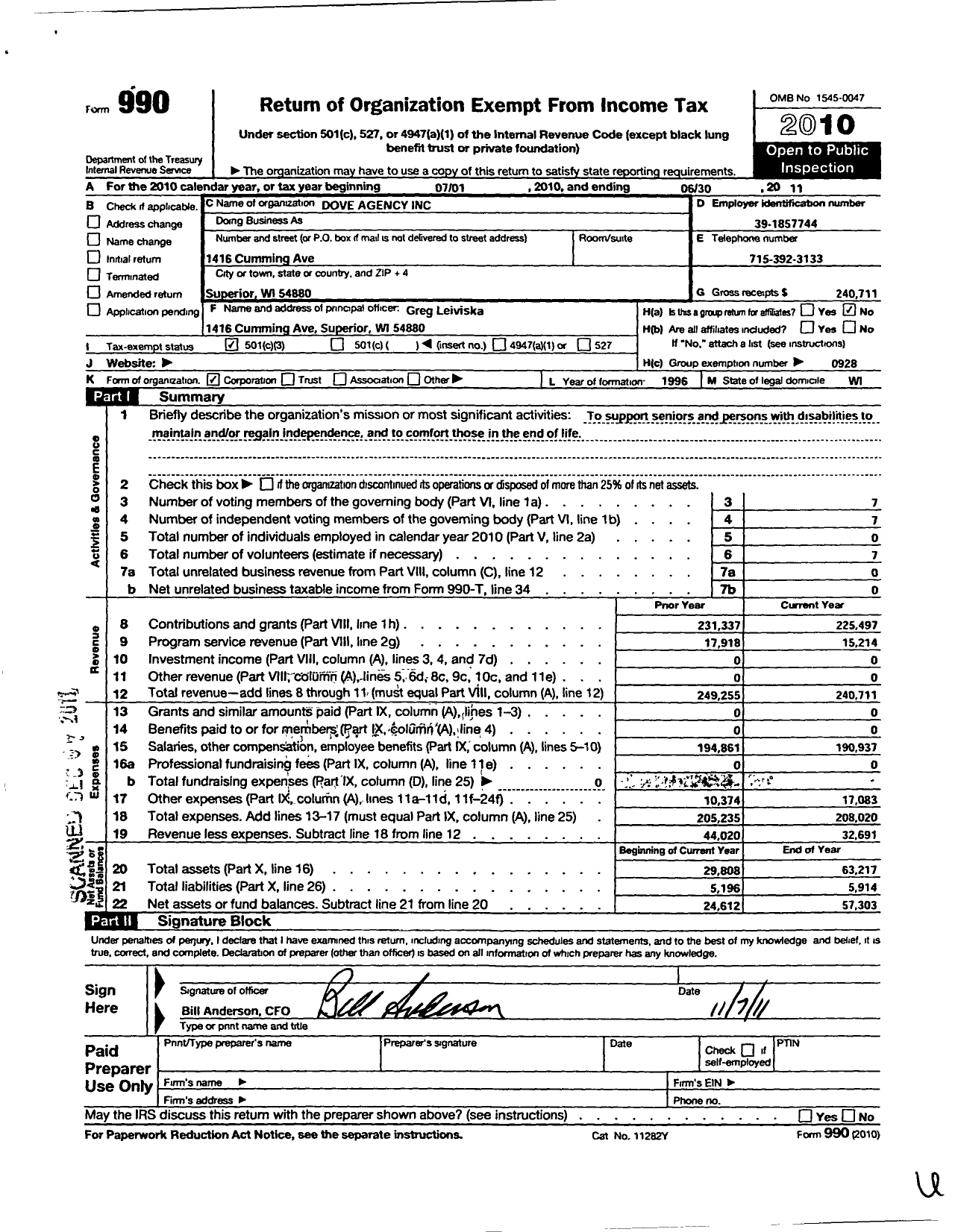 Image of first page of 2010 Form 990 for Dove Agency