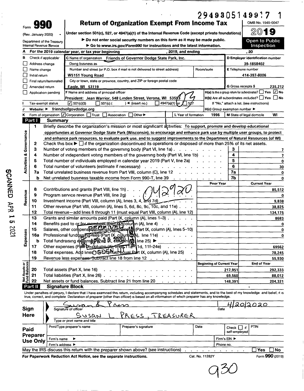 Image of first page of 2019 Form 990 for Friends of Governor Dodge State Park