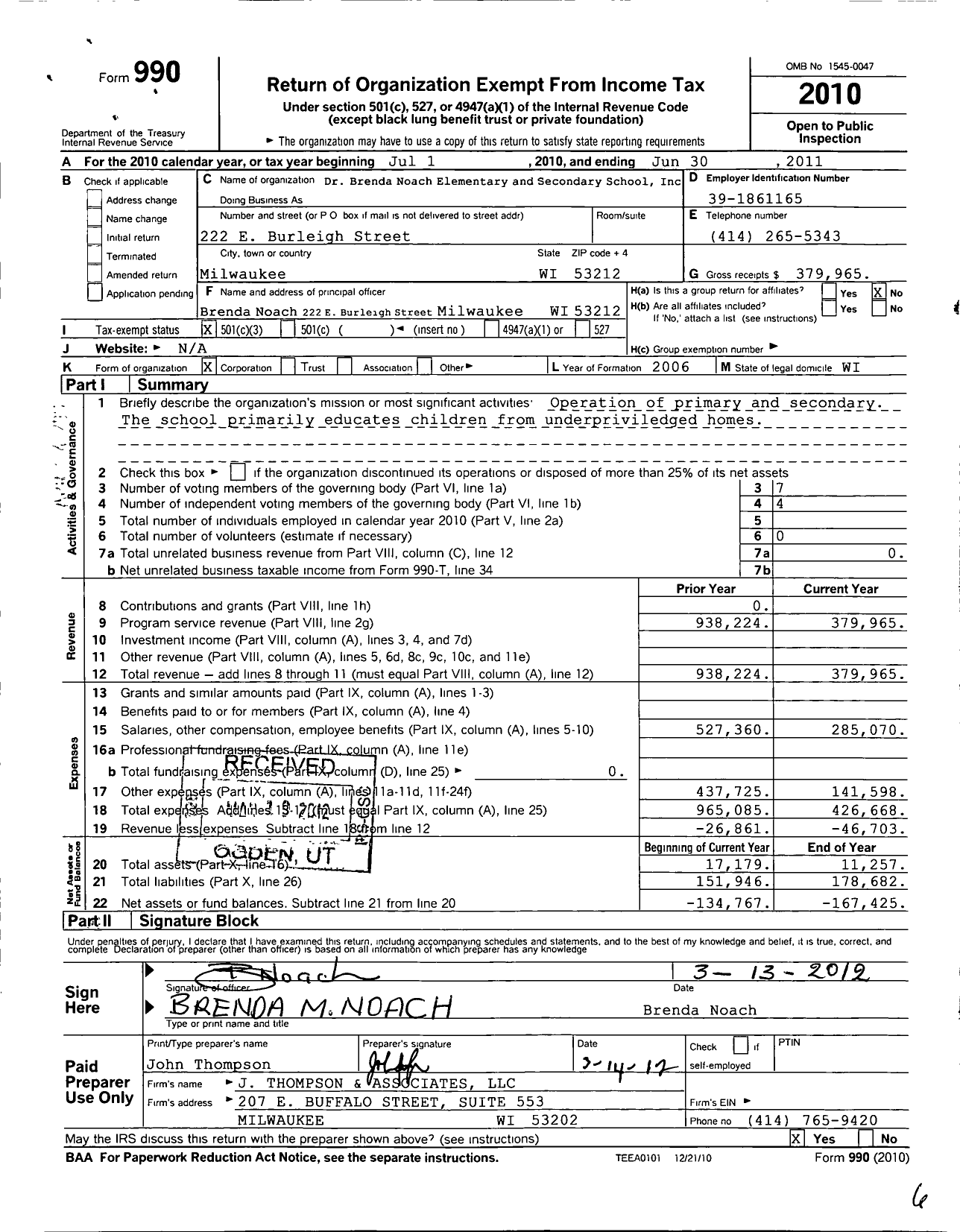 Image of first page of 2010 Form 990 for Dr Brenda Noach Elementary and Secondary School