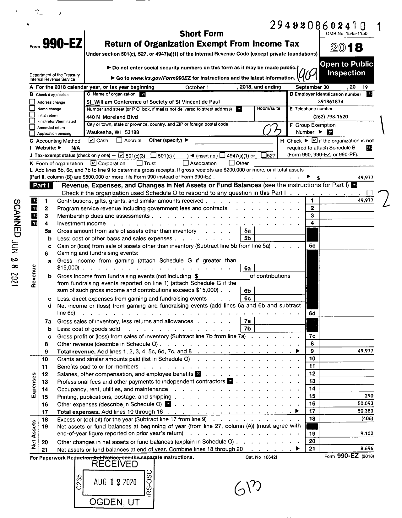 Image of first page of 2018 Form 990EZ for Society of St Vincent de Paul of Waukesha County / St William