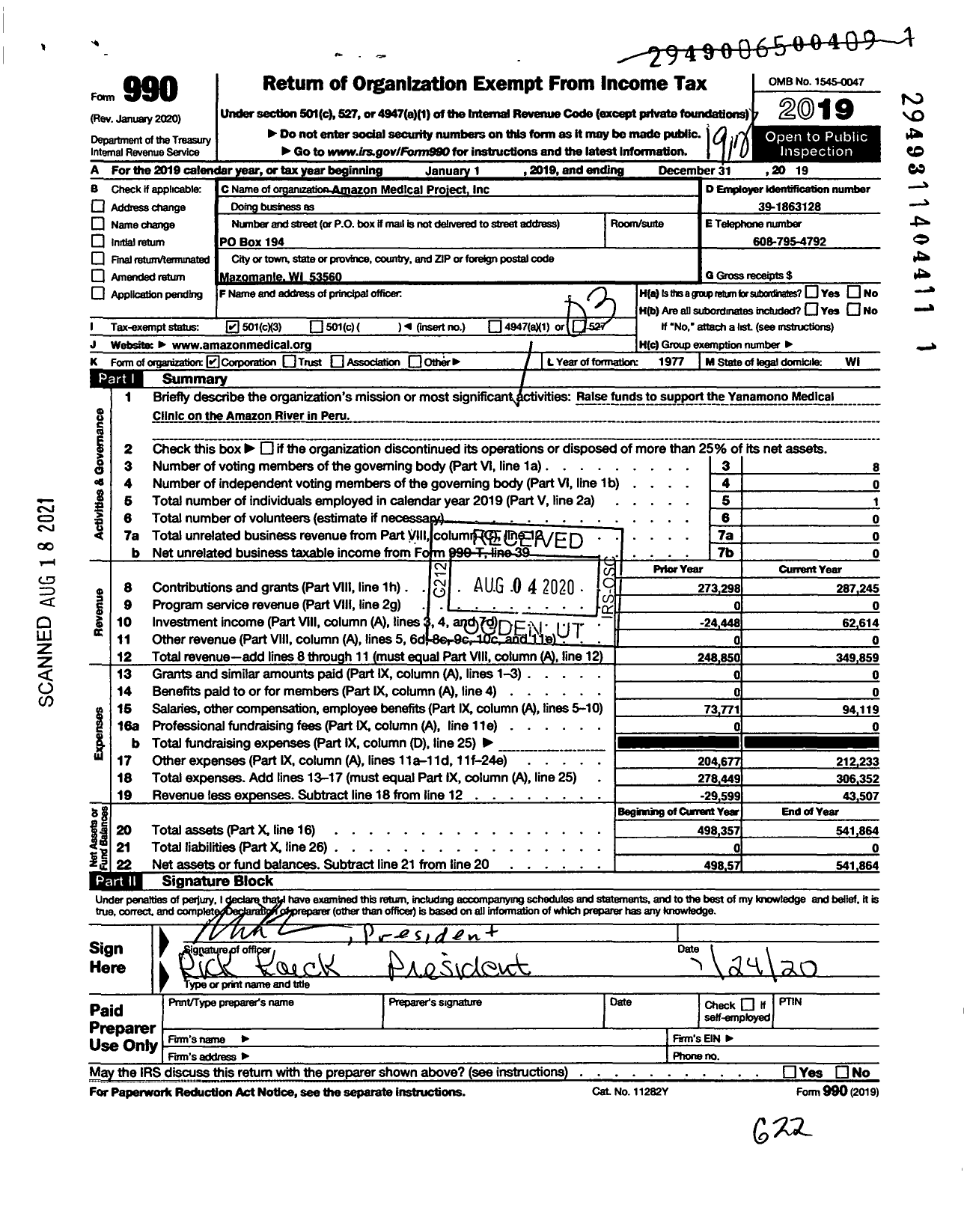 Image of first page of 2019 Form 990 for Amazon Medical Project