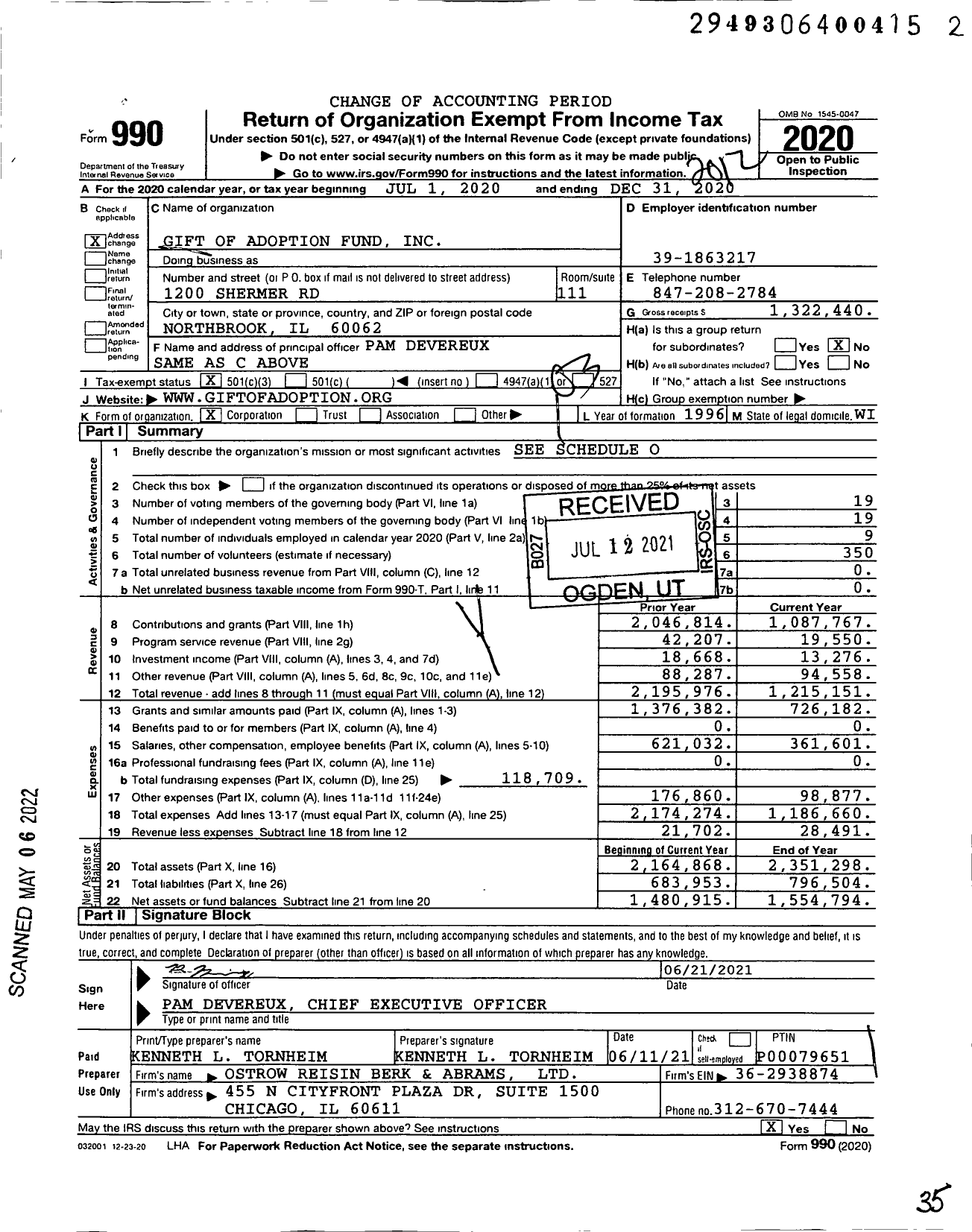 Image of first page of 2020 Form 990 for Gift of Adoption Fund