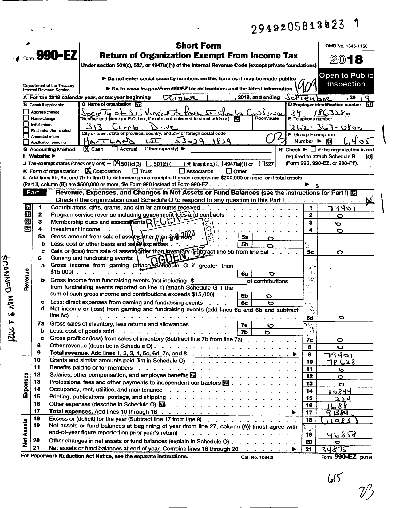 Image of first page of 2018 Form 990EZ for Society of St Vincent de Paul of Waukesha County St Charles