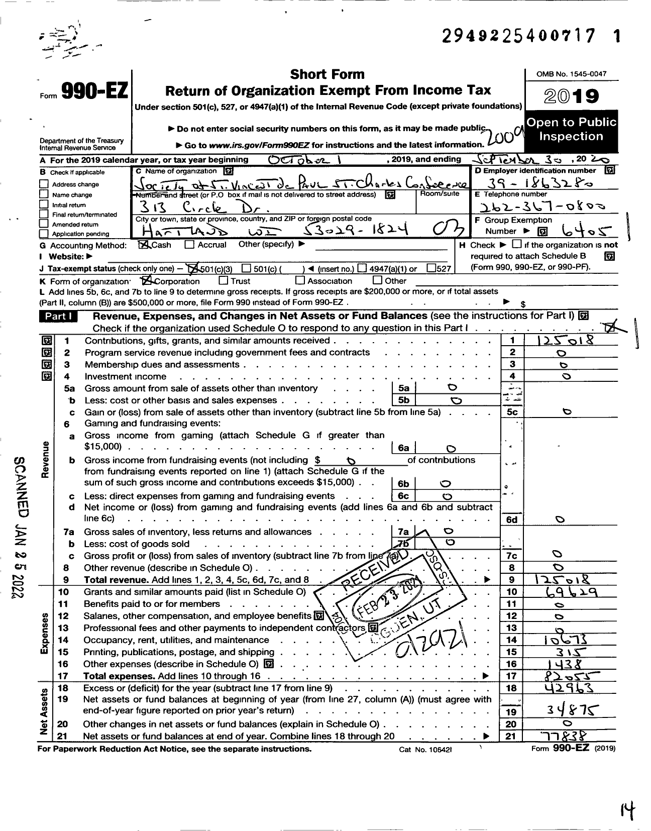 Image of first page of 2019 Form 990EZ for Society of St Vincent de Paul of Waukesha County St Charles