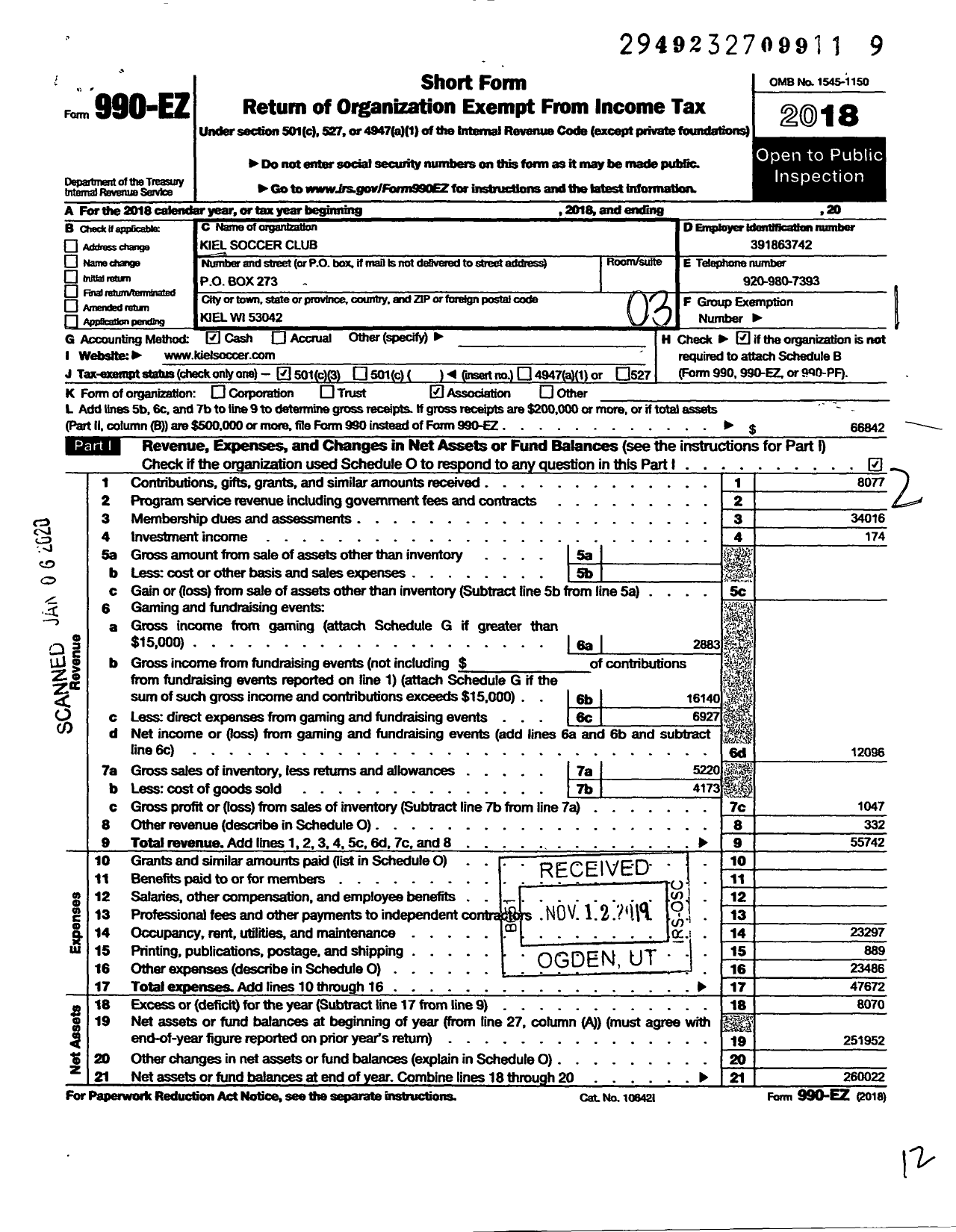 Image of first page of 2018 Form 990EZ for Kiel Soccer Club