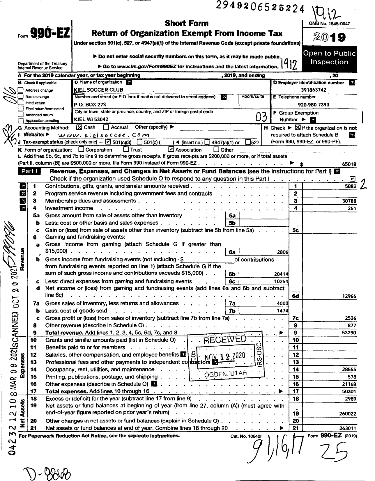 Image of first page of 2019 Form 990EZ for Kiel Soccer Club