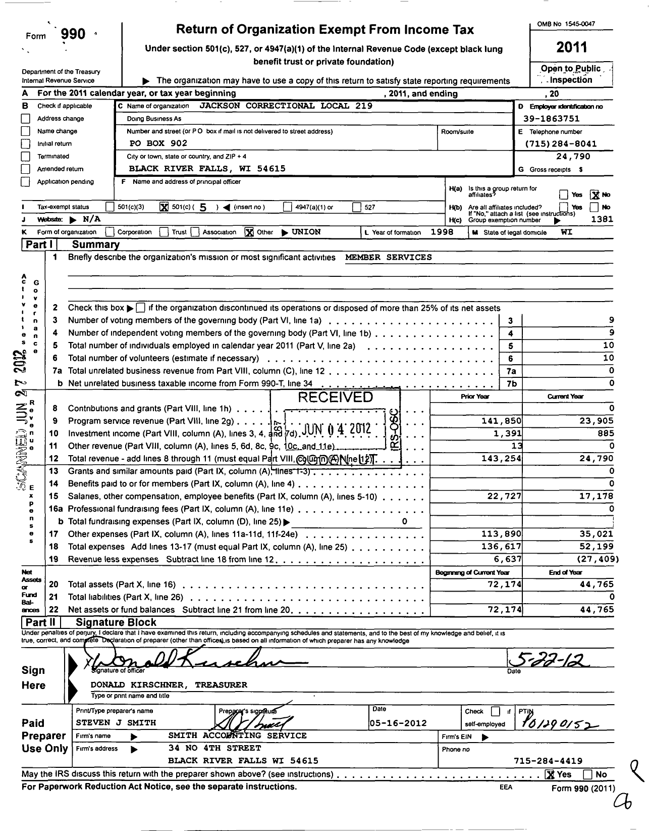 Image of first page of 2011 Form 990O for American Federation of State County & Municipal Employees - L0219wi Jackson Co Wi St Corr Empls