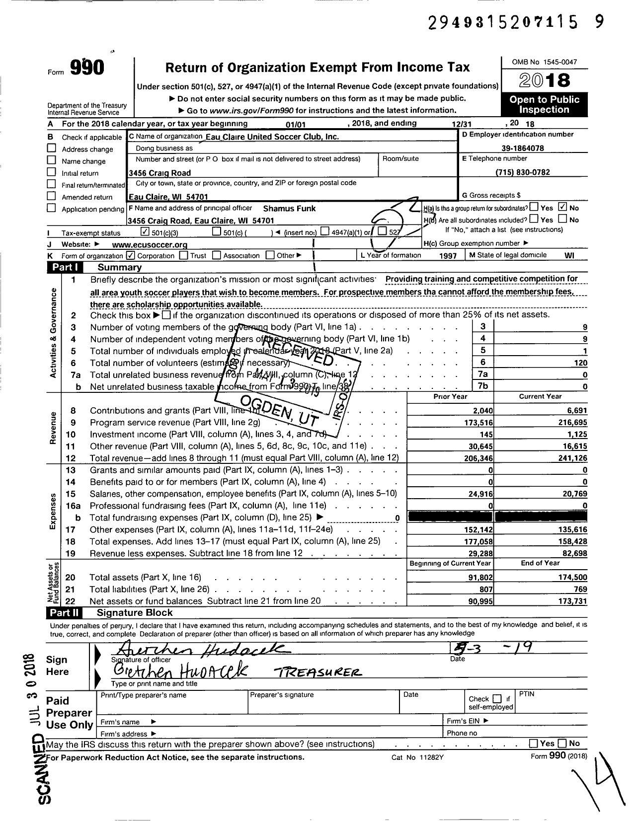 Image of first page of 2018 Form 990 for Eau Claire United Soccer Club