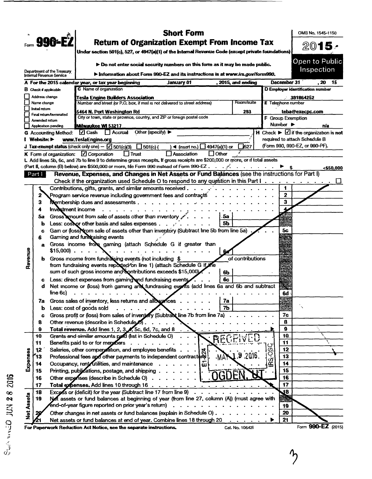 Image of first page of 2015 Form 990EZ for Tesla Engine Builders Association