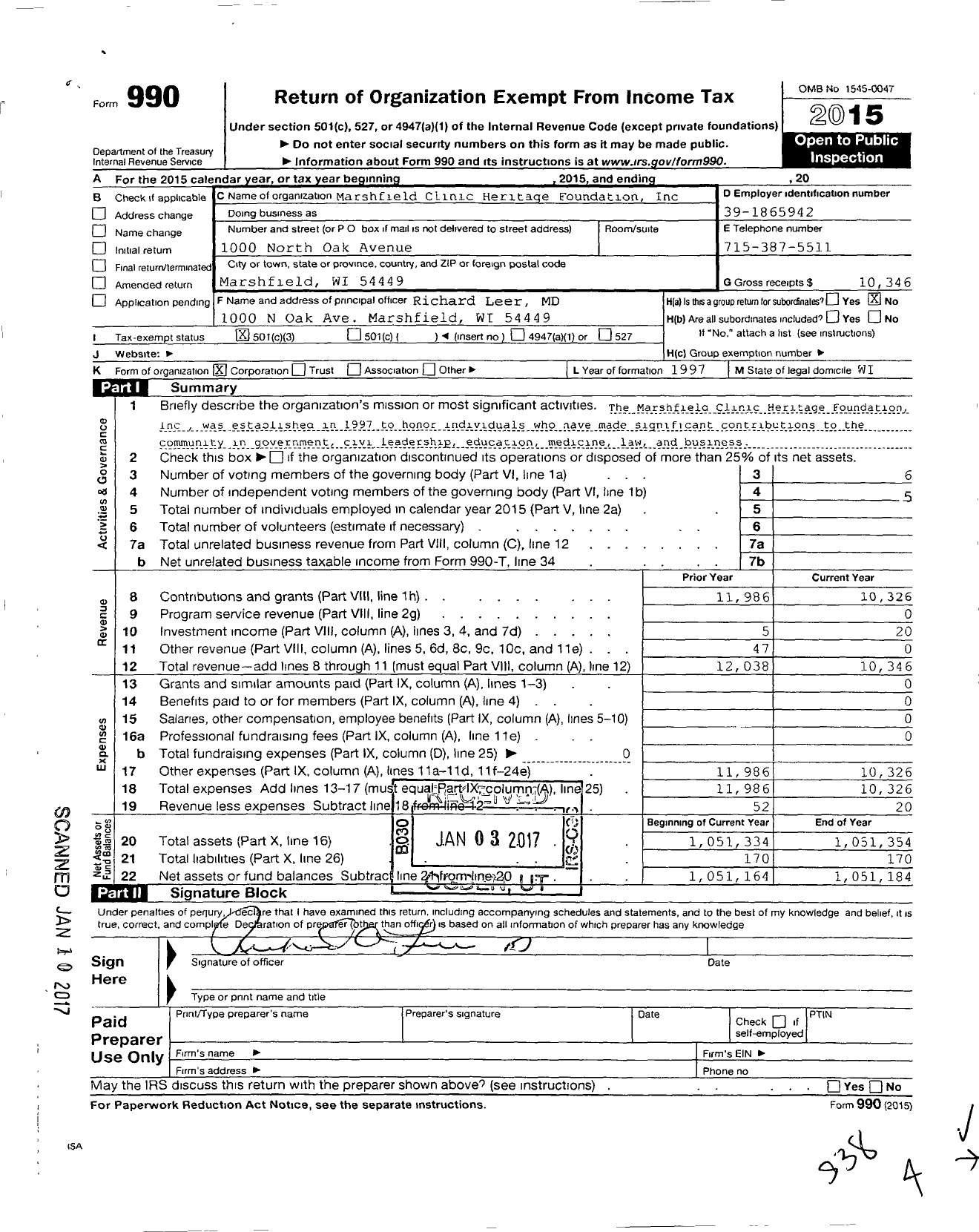 Image of first page of 2015 Form 990 for Marshfield Clinic Heritage Foundation
