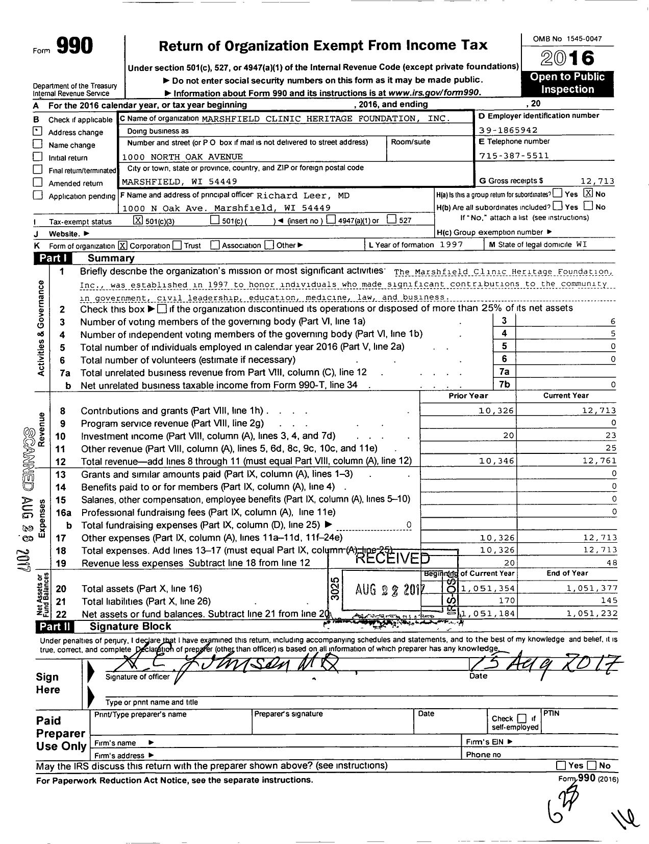 Image of first page of 2016 Form 990 for Marshfield Clinic Heritage Foundation