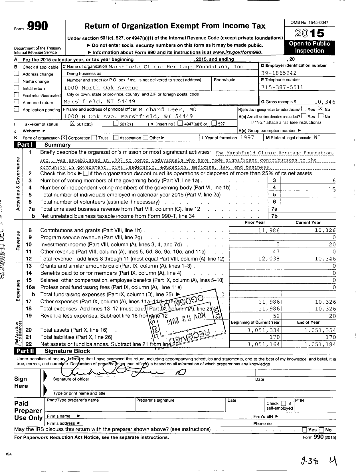 Image of first page of 2015 Form 990 for Marshfield Clinic Heritage Foundation