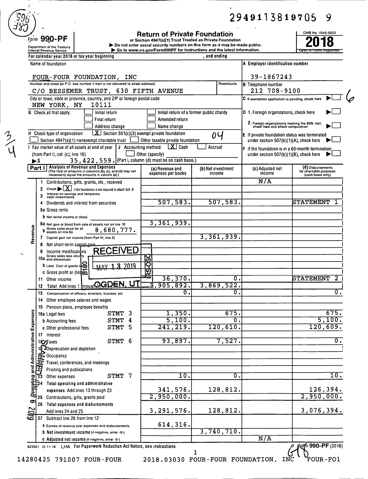 Image of first page of 2018 Form 990PF for Four-Four Foundation