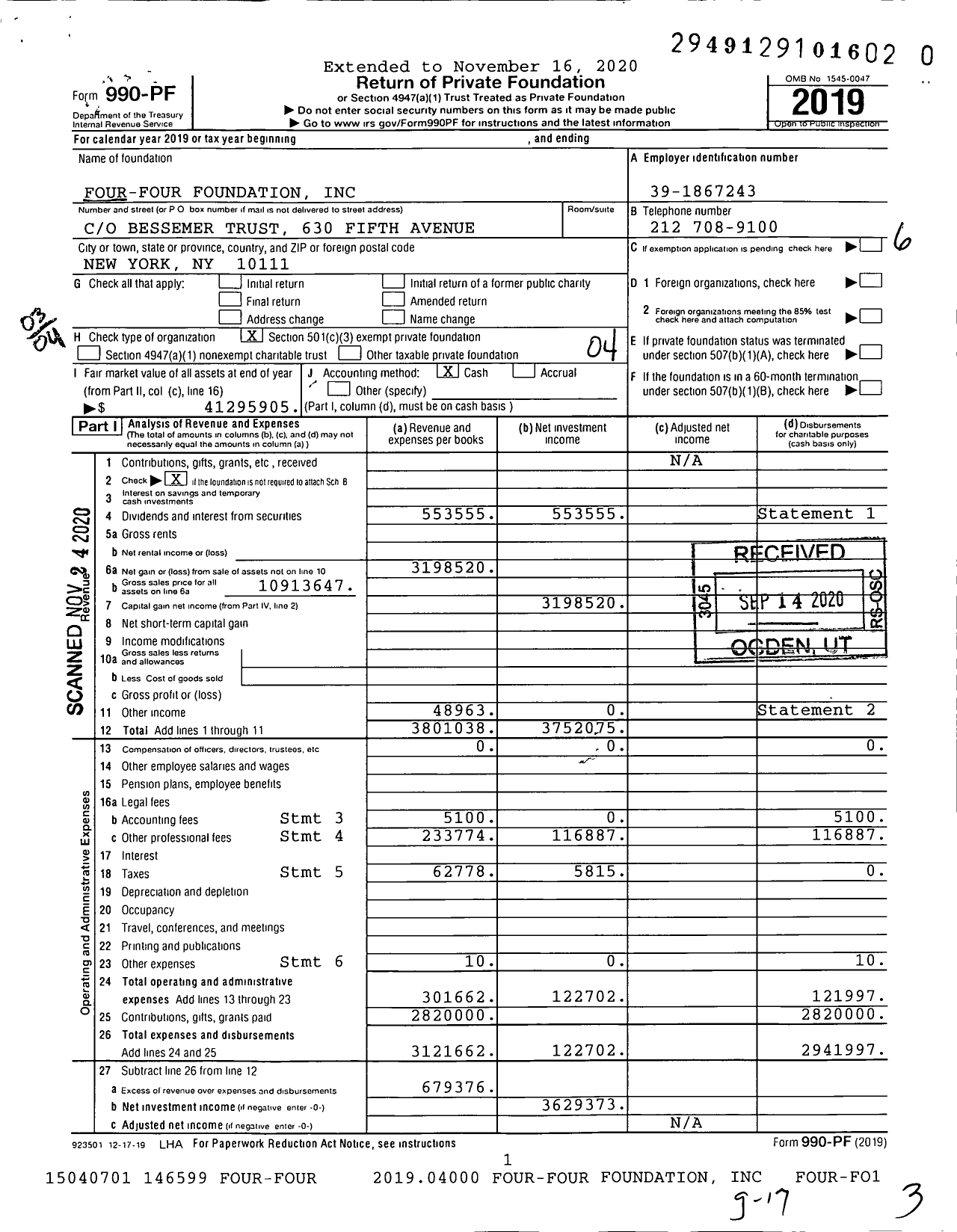Image of first page of 2019 Form 990PF for Four-Four Foundation