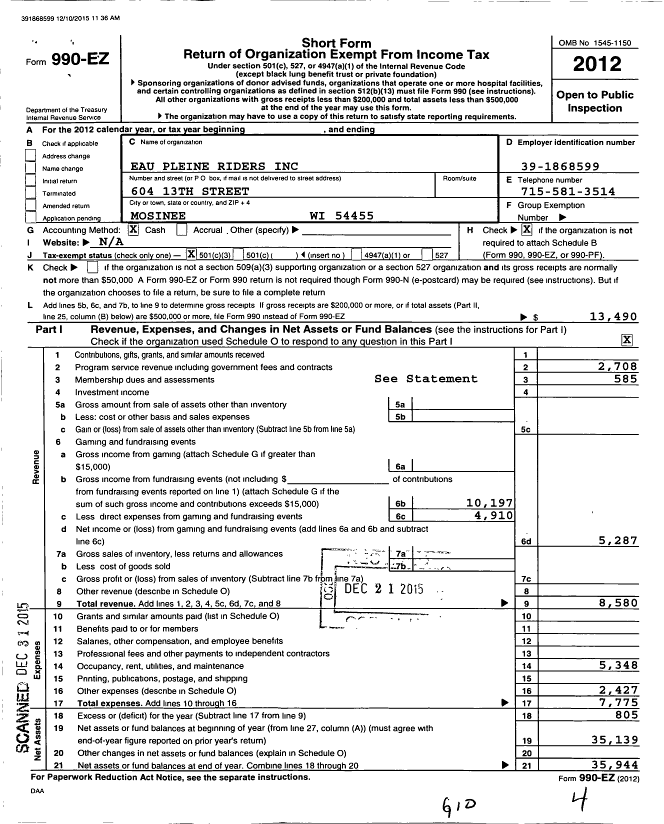 Image of first page of 2012 Form 990EZ for Eau Pleine Riders