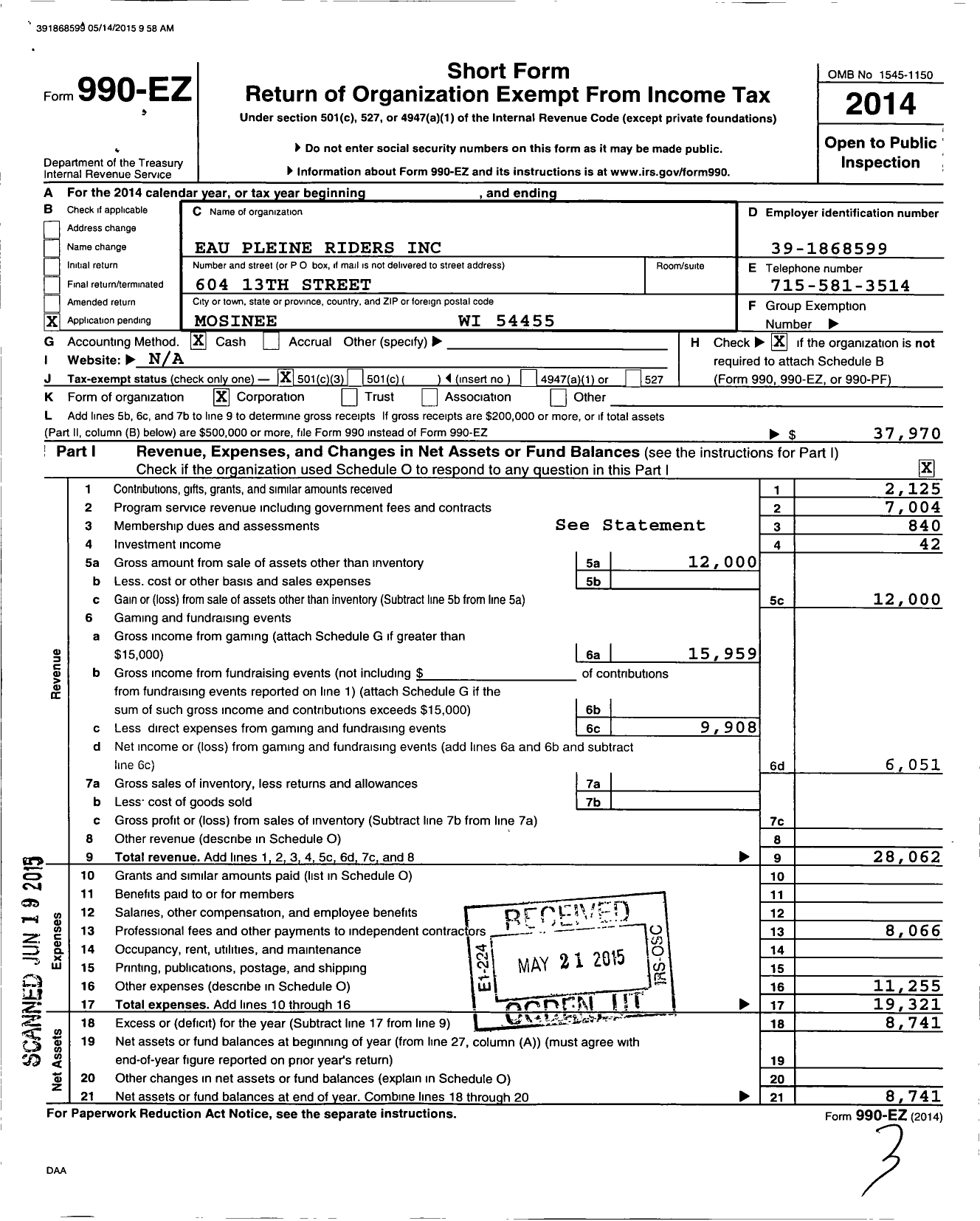 Image of first page of 2014 Form 990EZ for Eau Pleine Riders